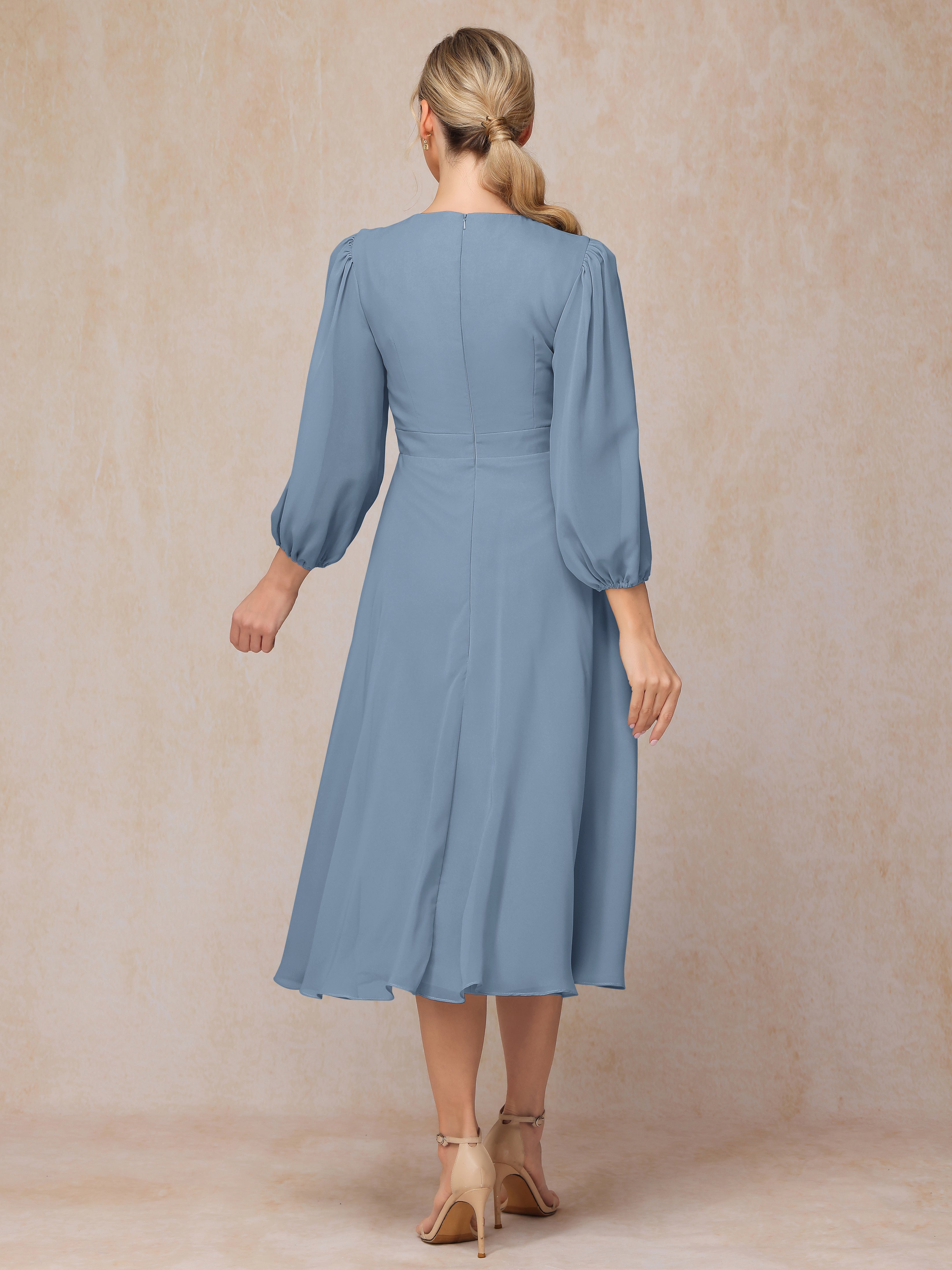 Long Sleeves A Line Tea Length Chiffon Wedding Guest Dresses