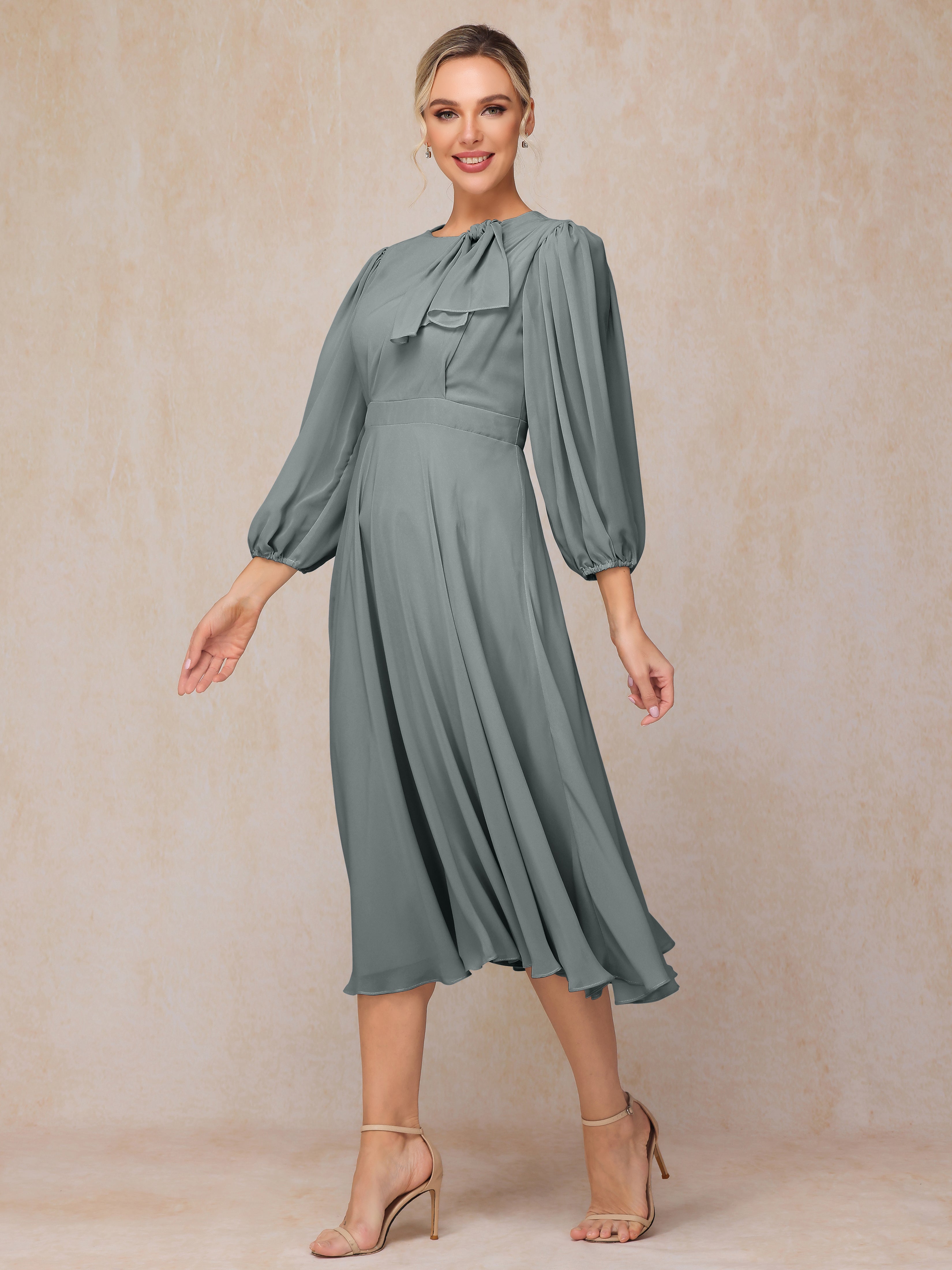 Long Sleeves A Line Tea Length Chiffon Wedding Guest Dresses