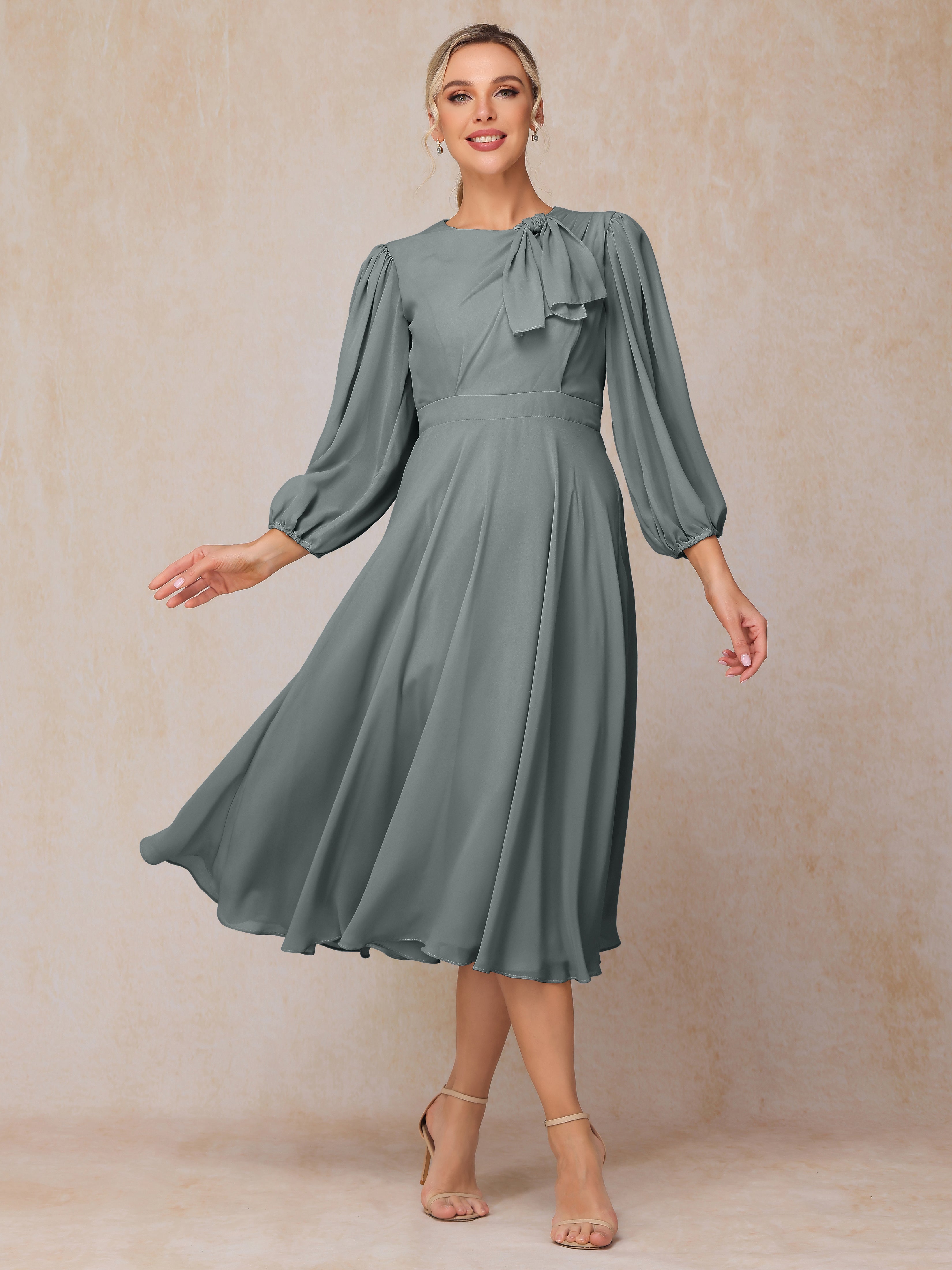 Long Sleeves A Line Tea Length Chiffon Mother Of The Groom Dress