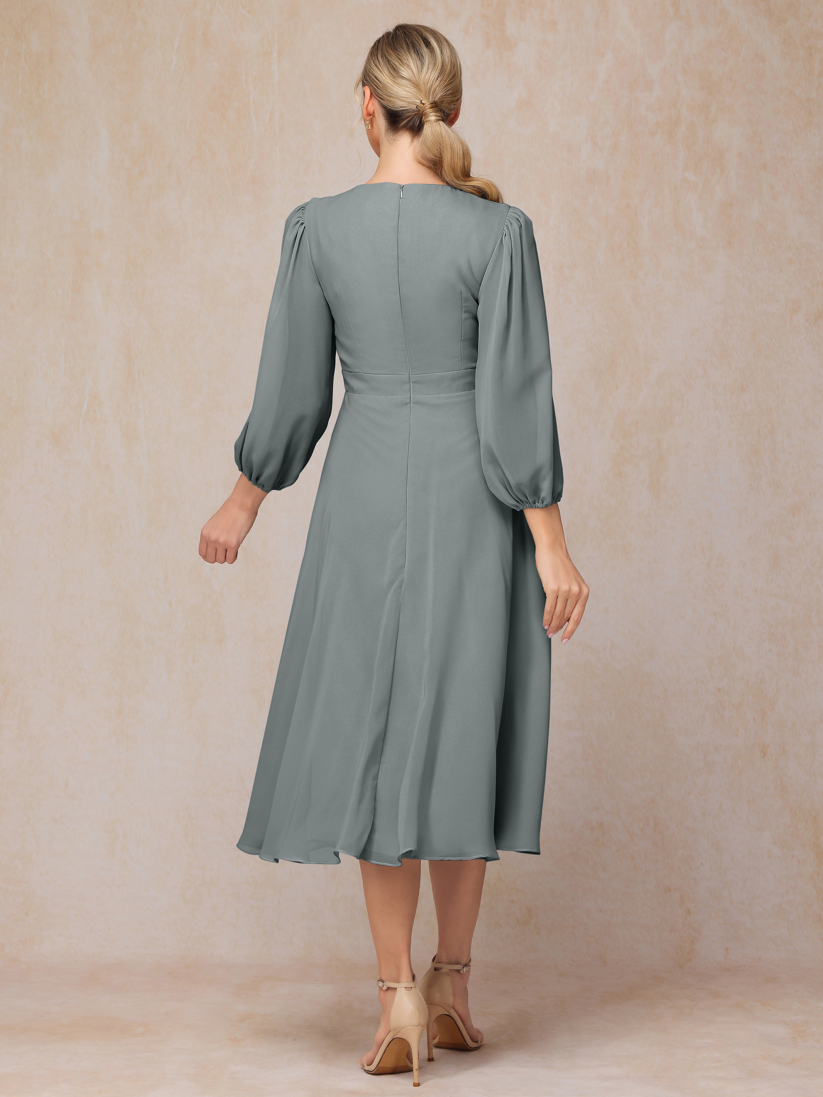 Long Sleeves A Line Tea Length Chiffon Wedding Guest Dresses