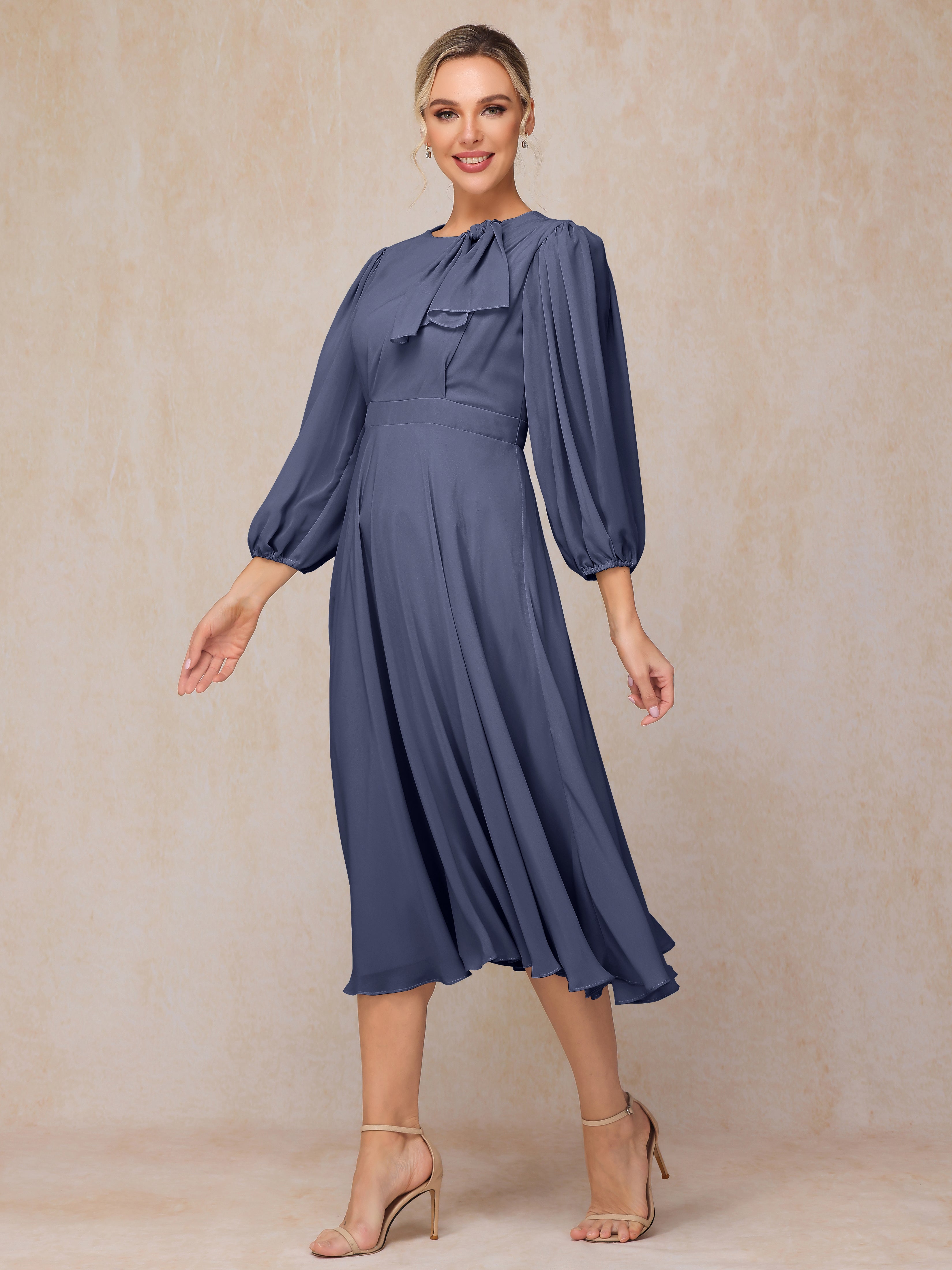 Long Sleeves A Line Tea Length Chiffon Wedding Guest Dresses
