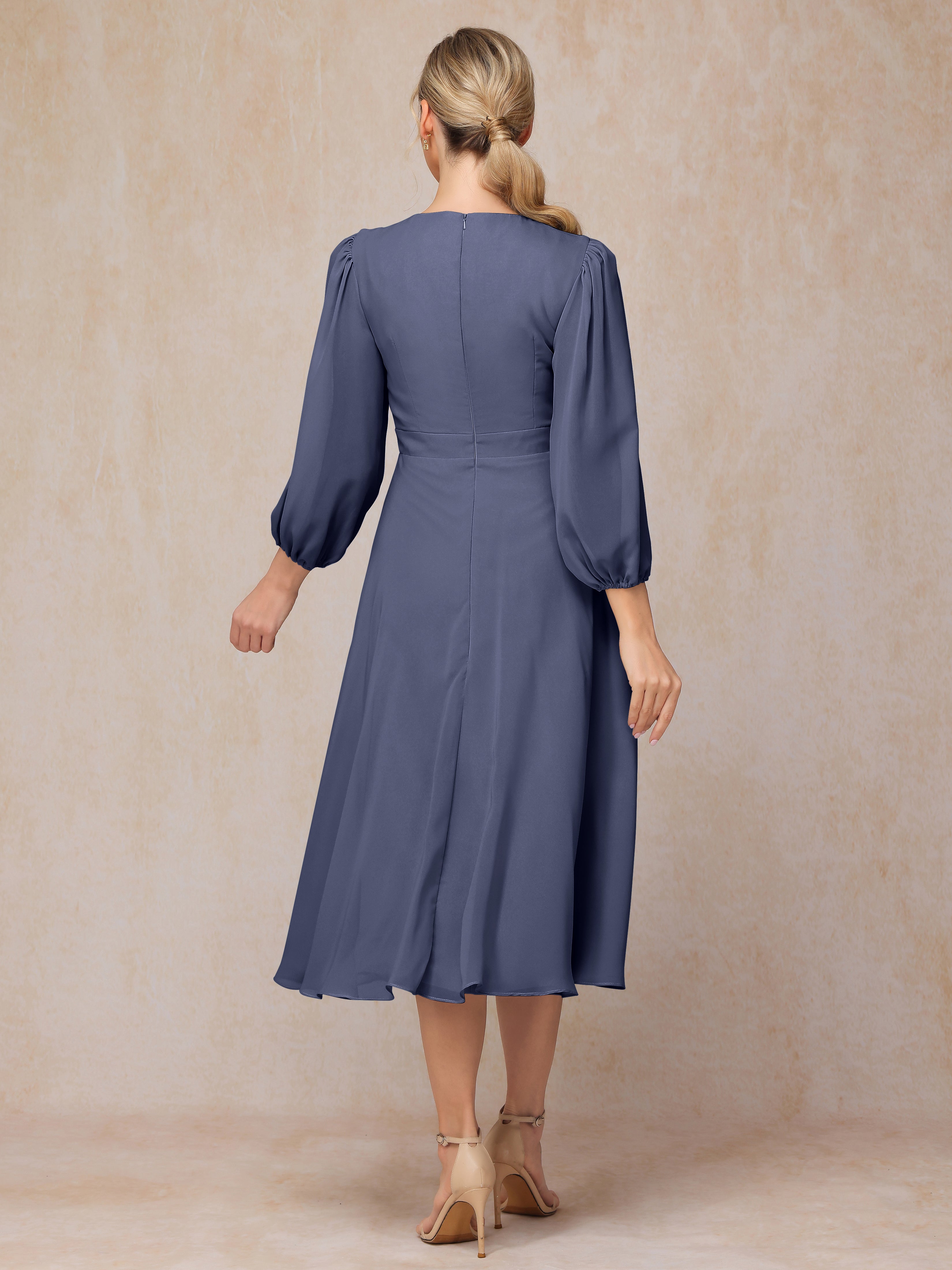 Long Sleeves A Line Tea Length Chiffon Wedding Guest Dresses