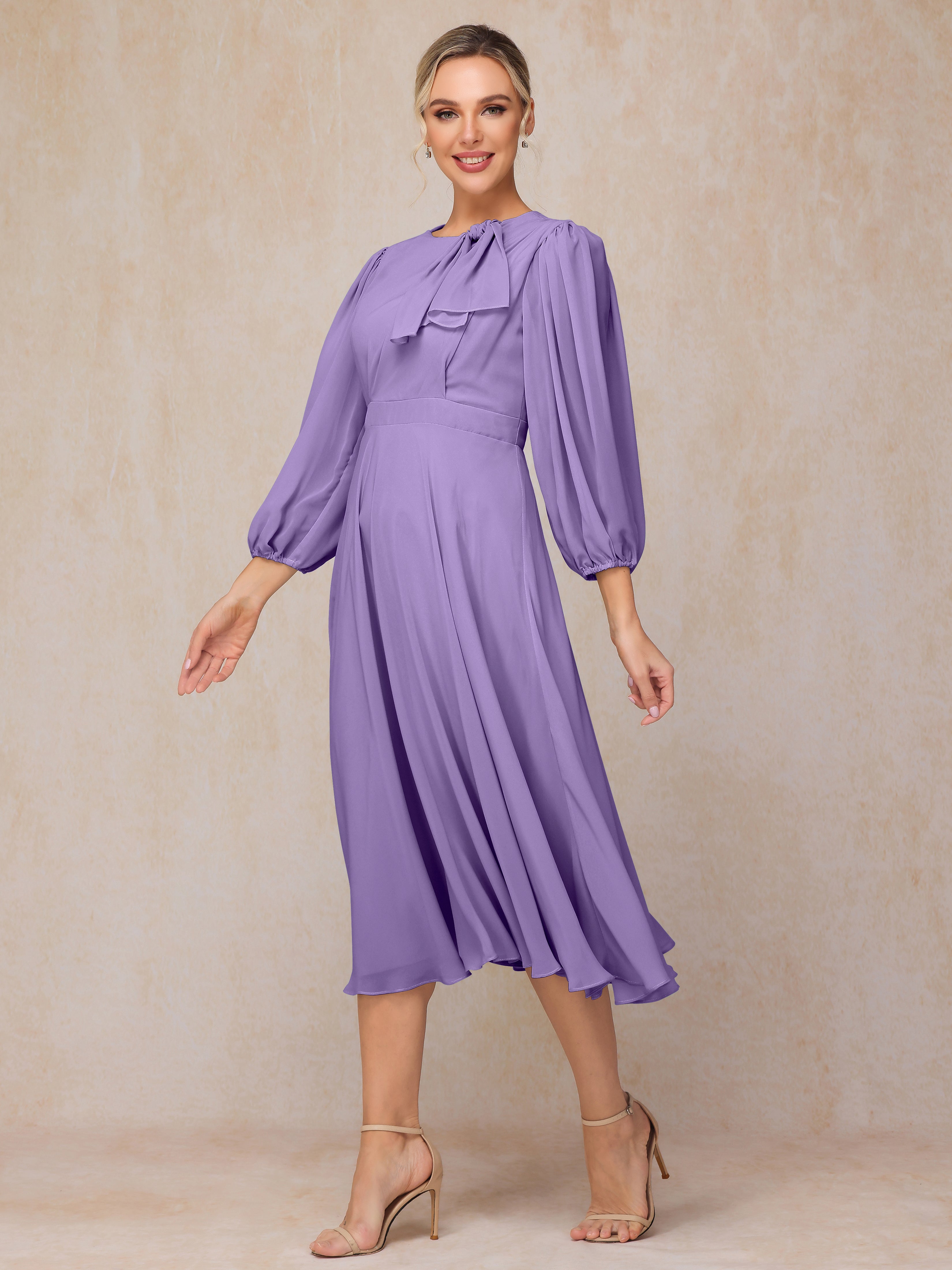 Long Sleeves A Line Tea Length Chiffon Wedding Guest Dresses