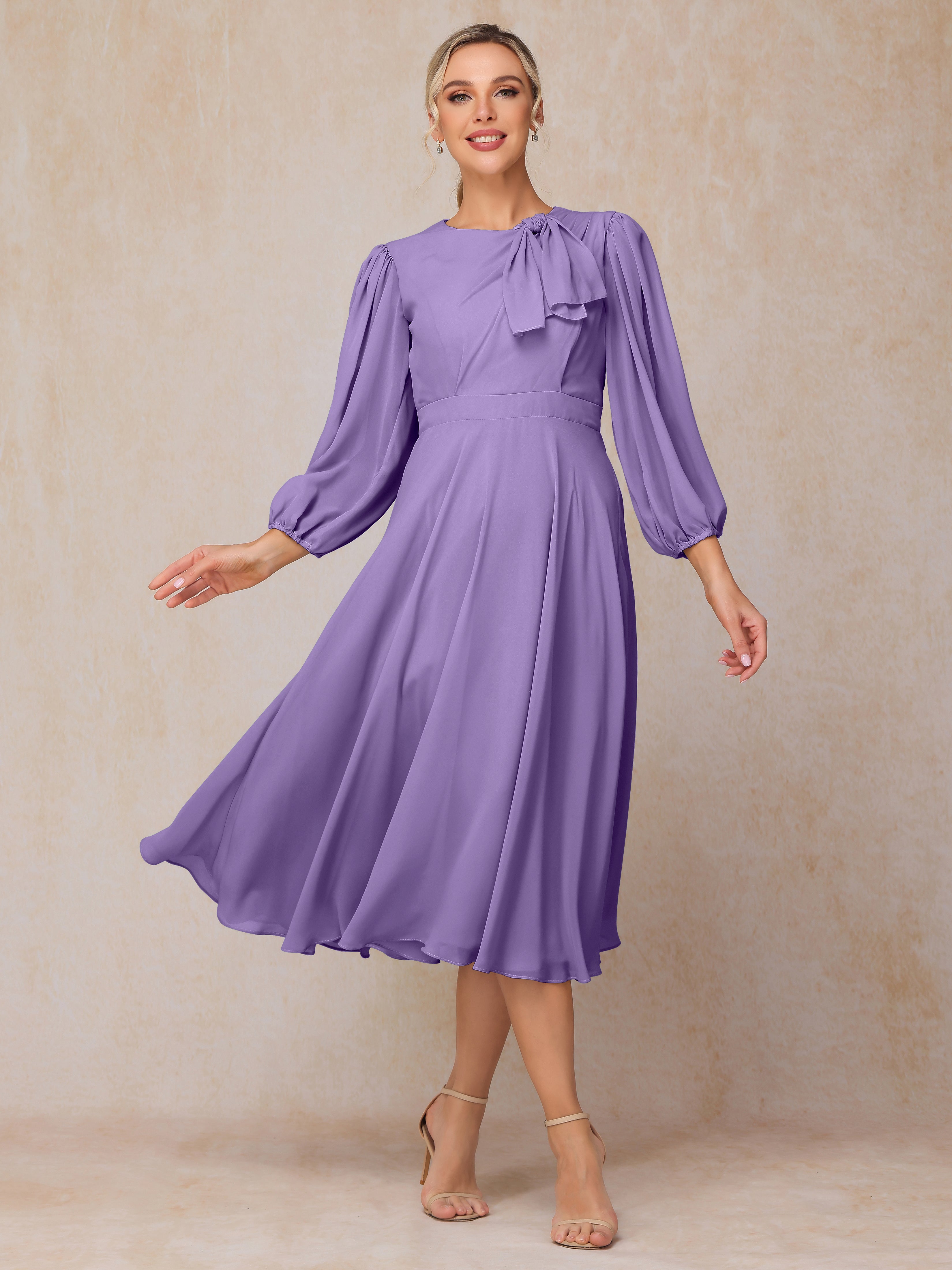 Long Sleeves A Line Tea Length Chiffon Mother Of The Groom Dress