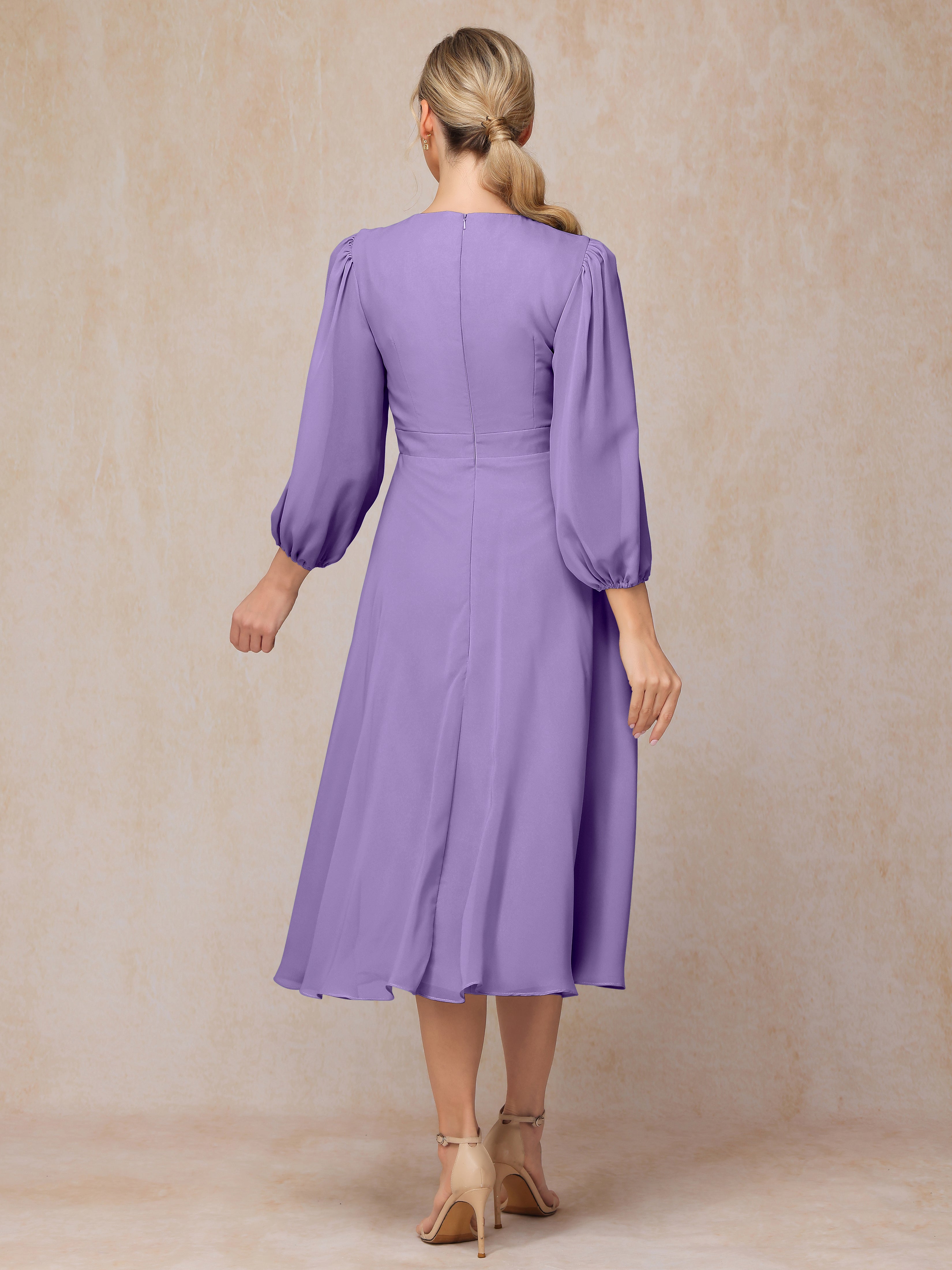 Long Sleeves A Line Tea Length Chiffon Wedding Guest Dresses