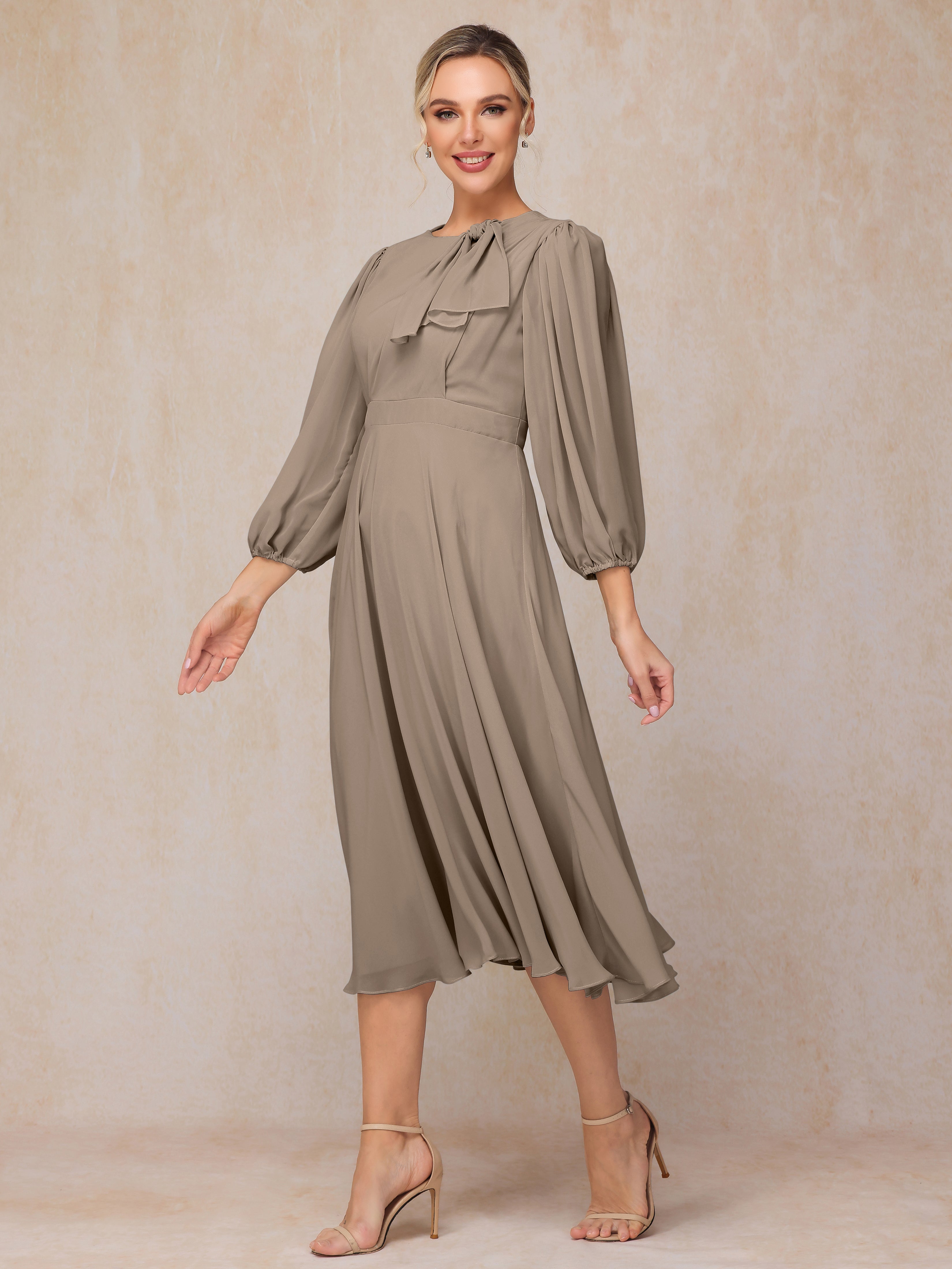 Long Sleeves A Line Tea Length Chiffon Wedding Guest Dresses