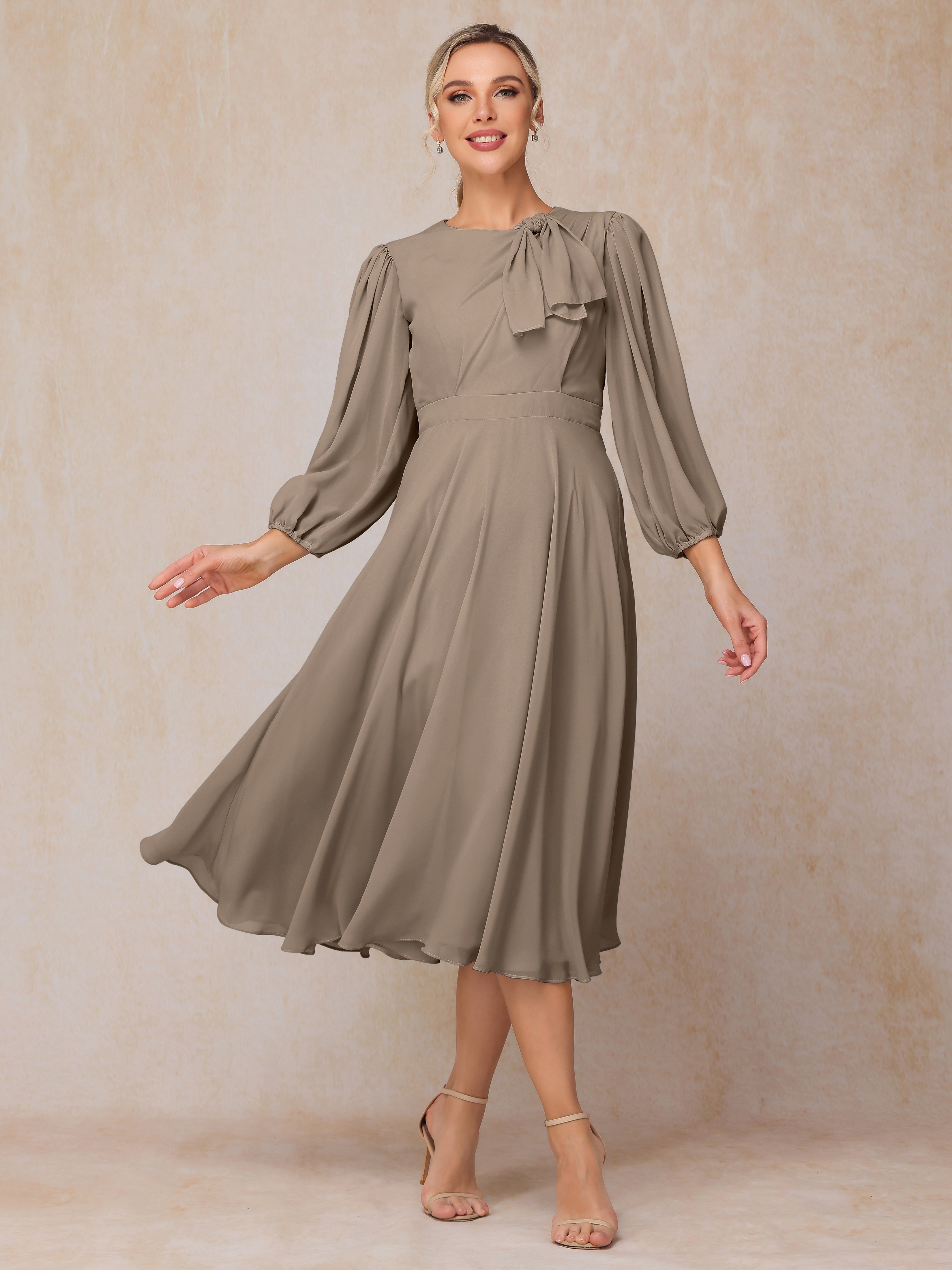 Long Sleeves A Line Tea Length Chiffon Wedding Guest Dresses