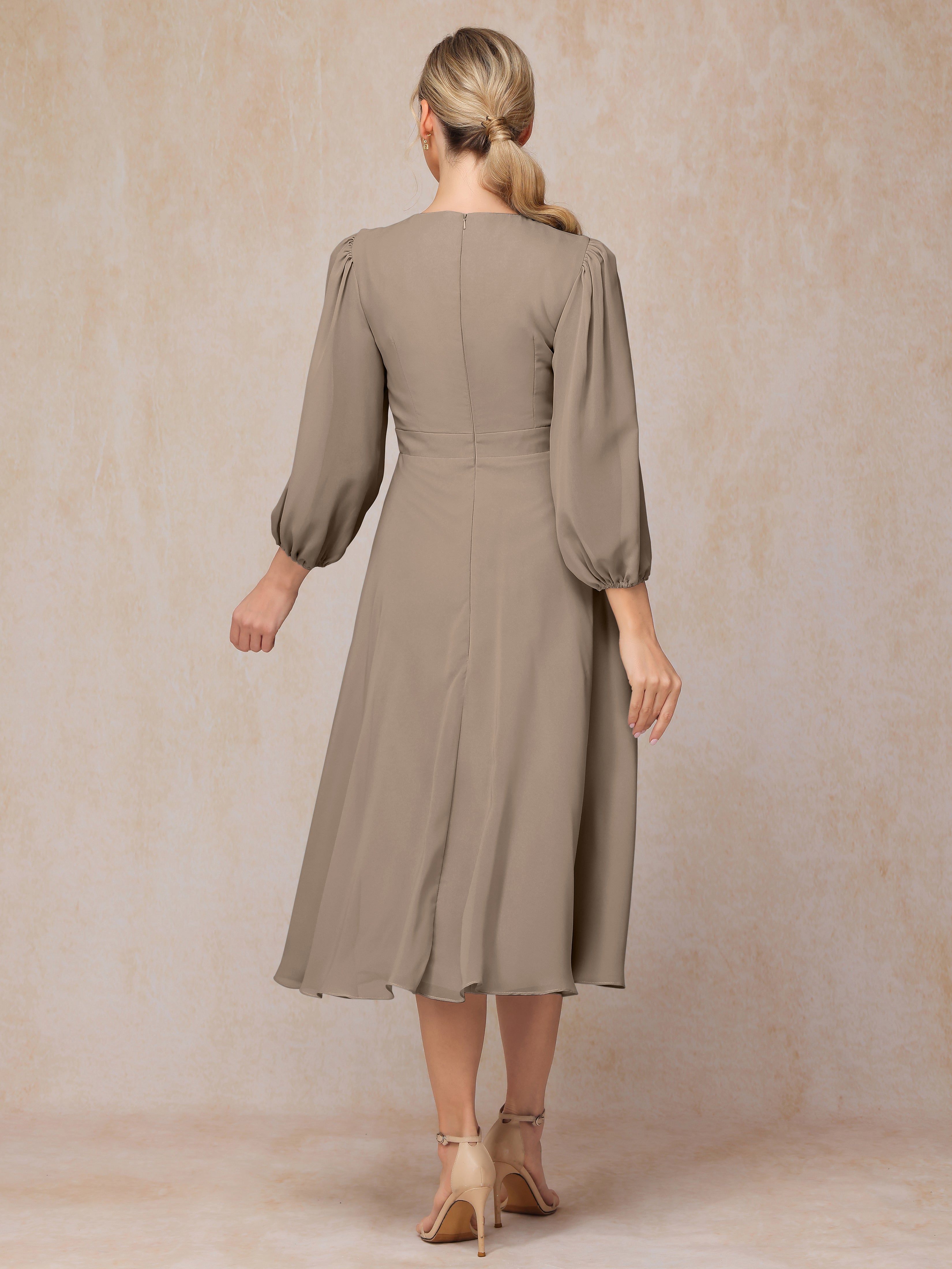 Long Sleeves A Line Tea Length Chiffon Wedding Guest Dresses