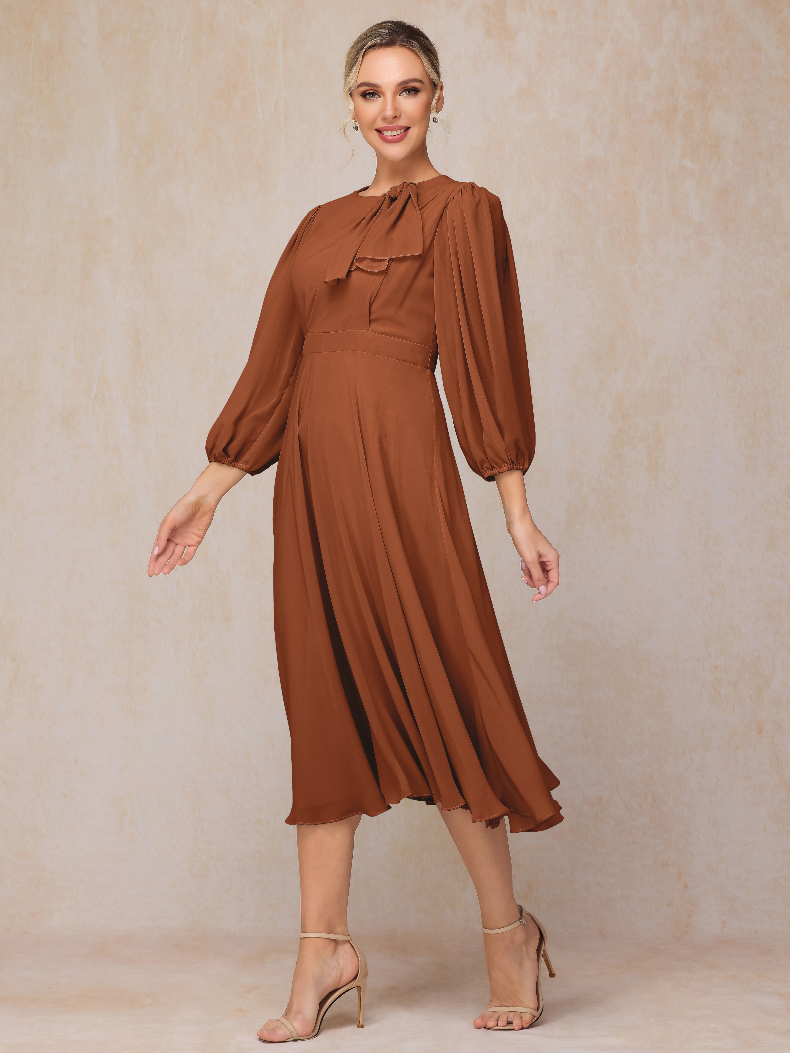 Long Sleeves A Line Tea Length Chiffon Wedding Guest Dresses