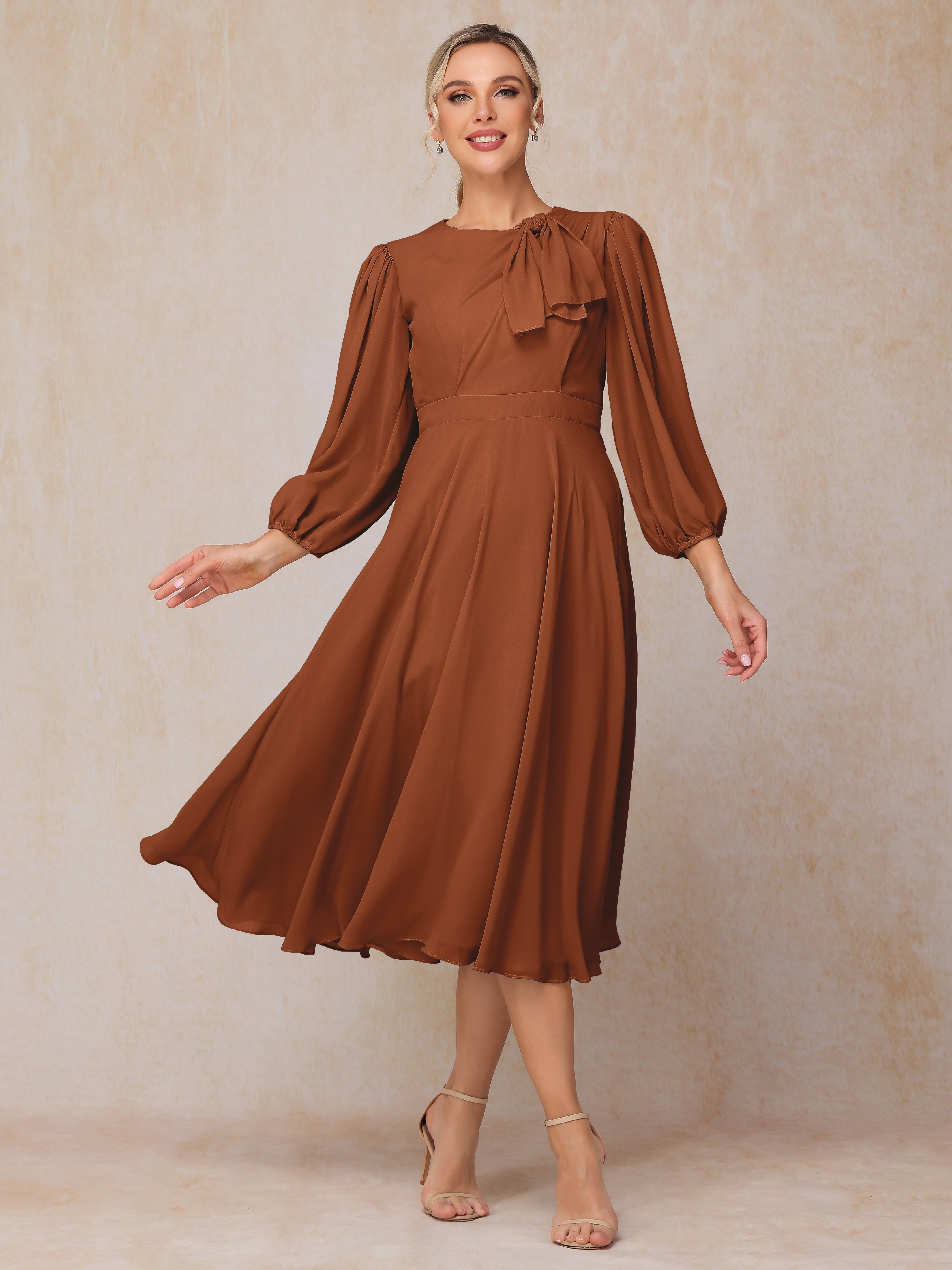 Long Sleeves A Line Tea Length Chiffon Wedding Guest Dresses