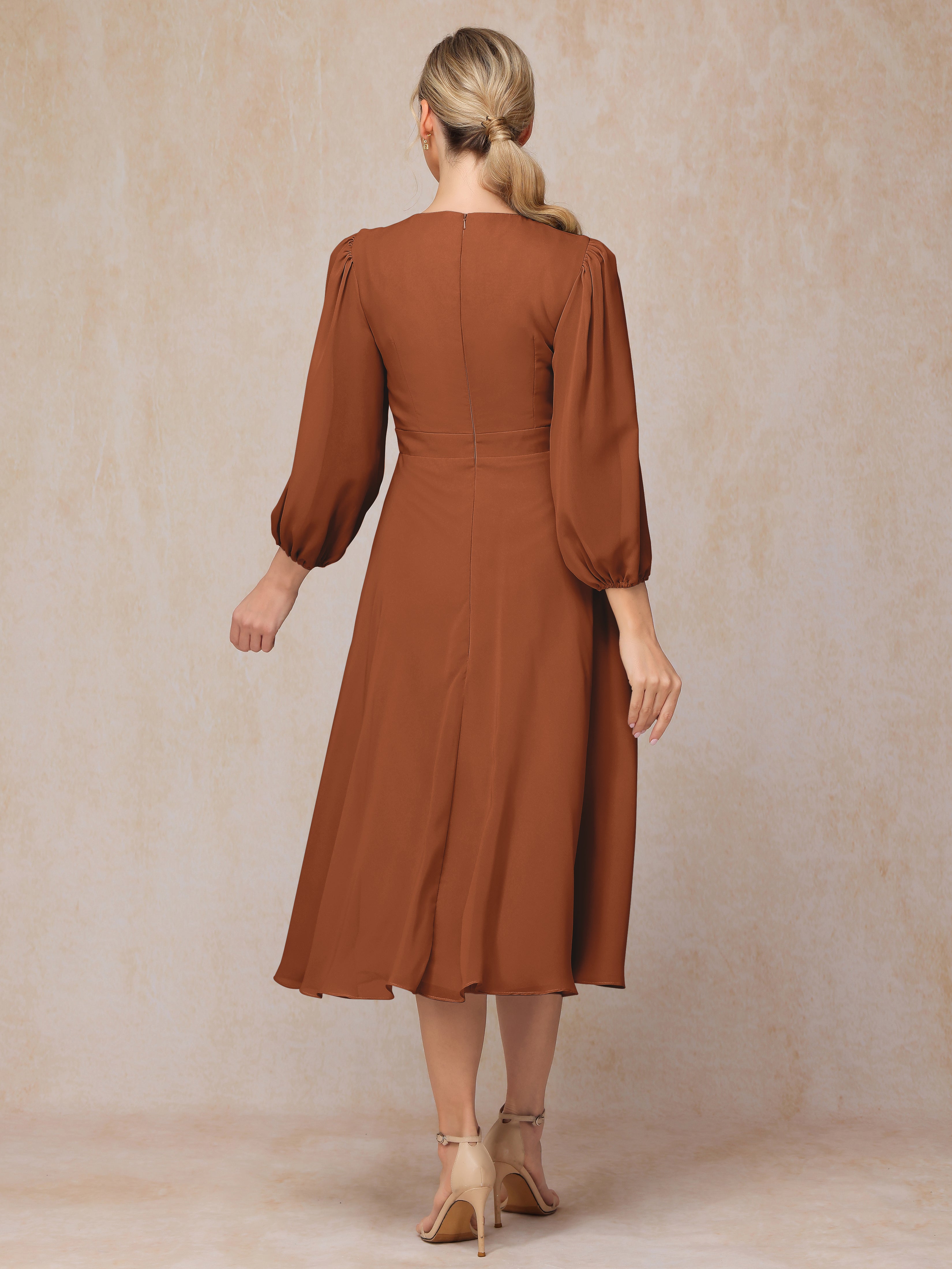 Long Sleeves A Line Tea Length Chiffon Wedding Guest Dresses