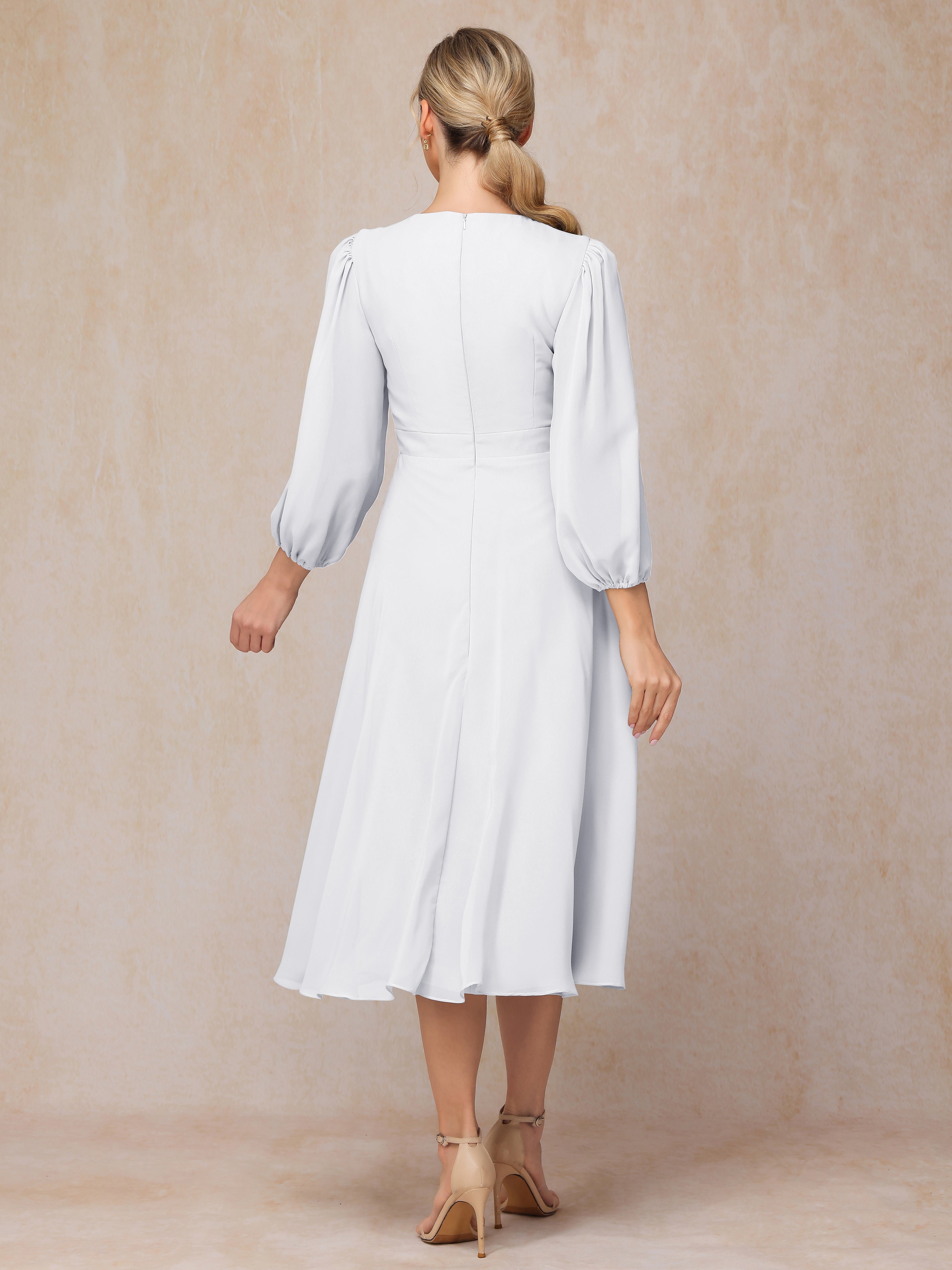 Long Sleeves A Line Tea Length Chiffon Wedding Guest Dresses