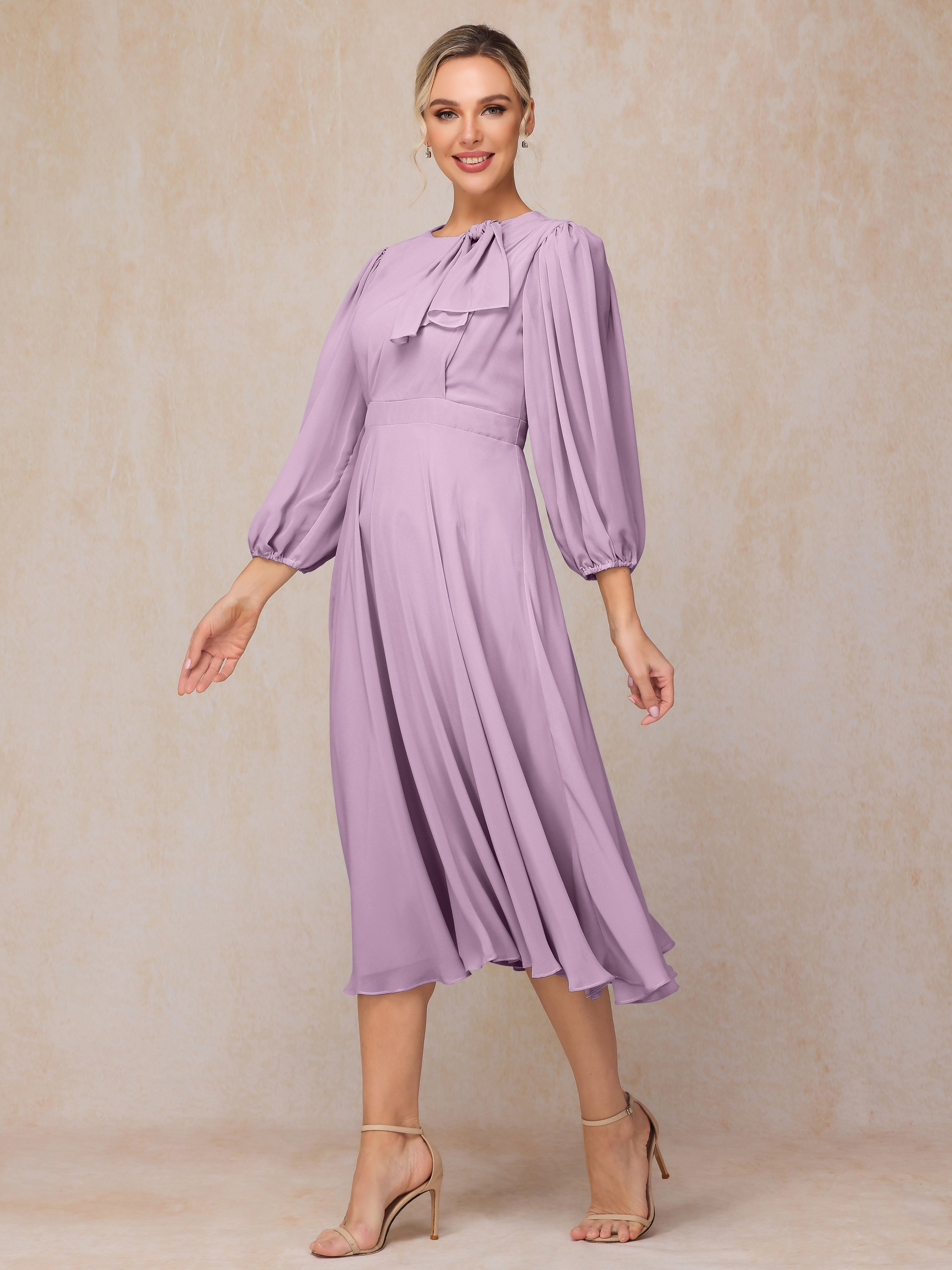 Long Sleeves A Line Tea Length Chiffon Wedding Guest Dresses