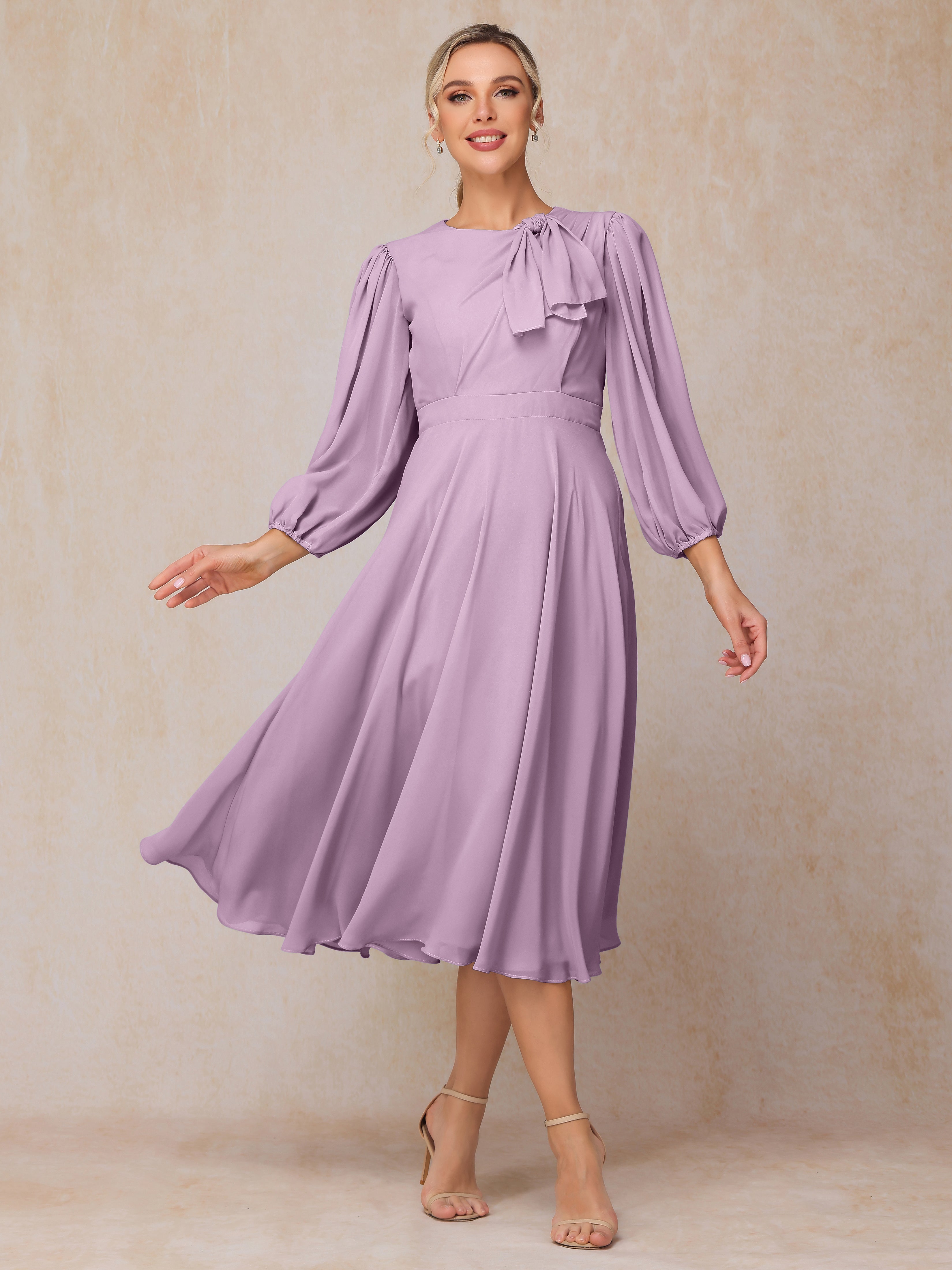 Long Sleeves A Line Tea Length Chiffon Wedding Guest Dresses