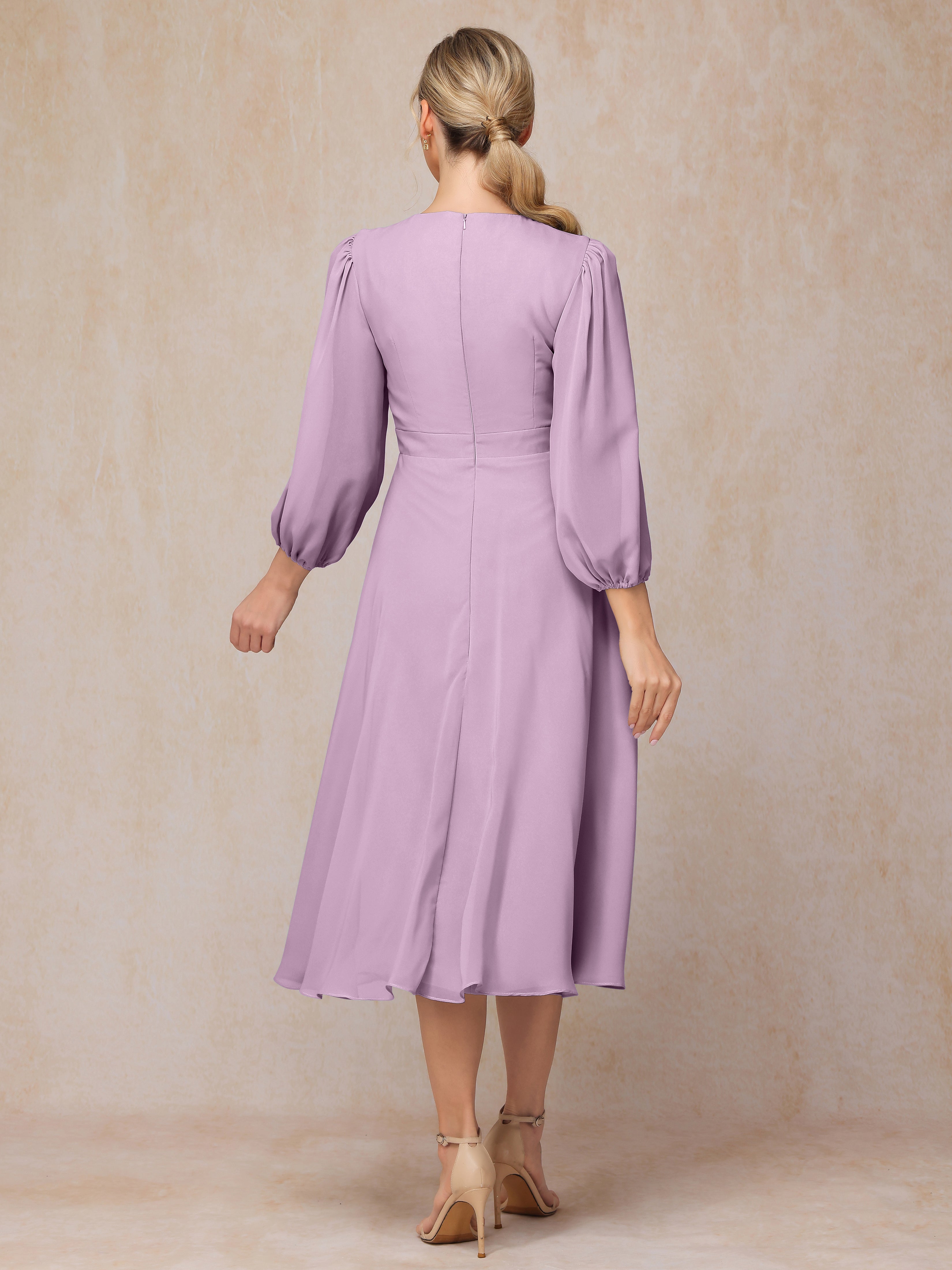 Long Sleeves A Line Tea Length Chiffon Wedding Guest Dresses