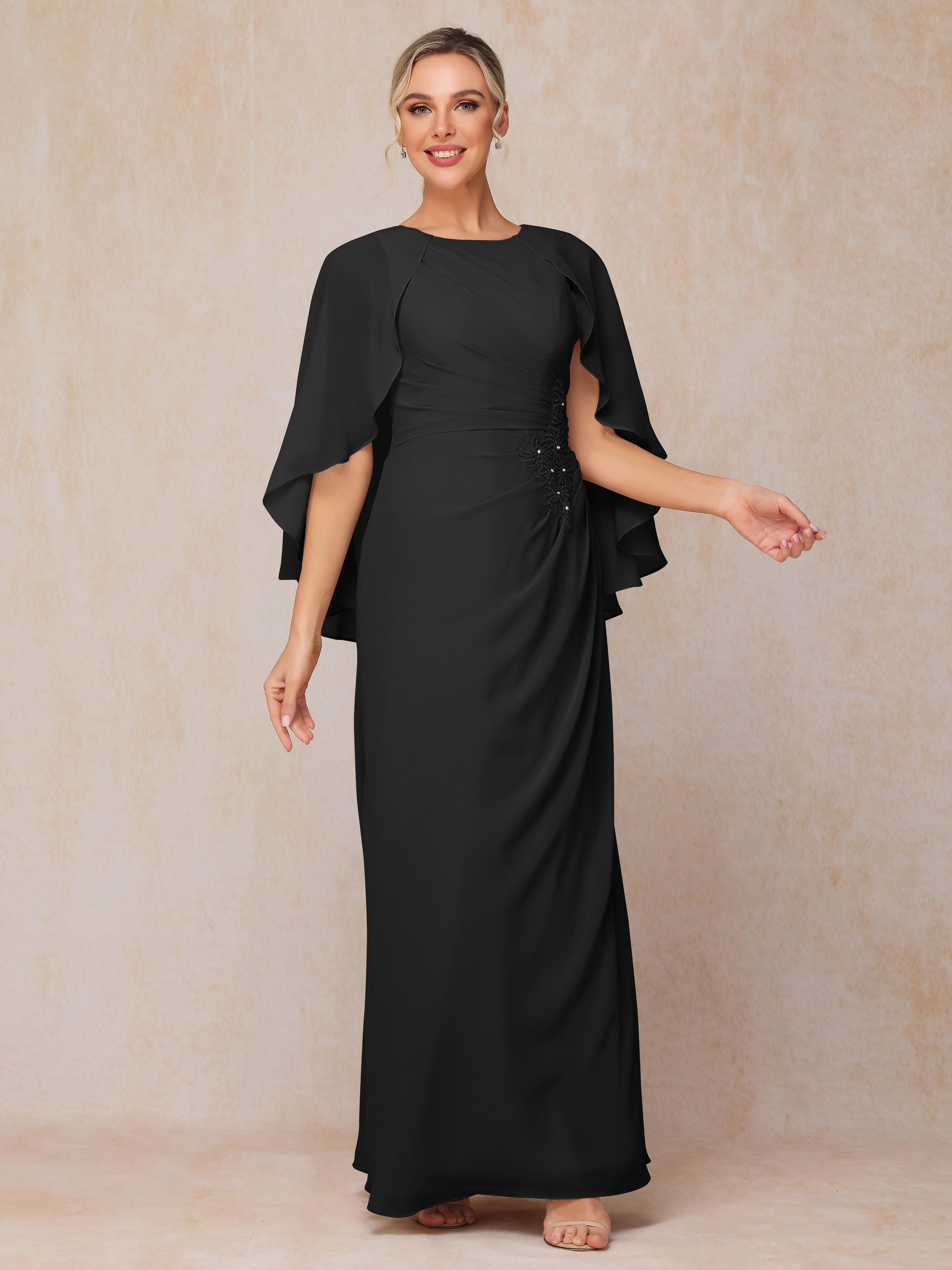 A Line Floor Length Chiffon Mother Of The Groom Dress With Cape