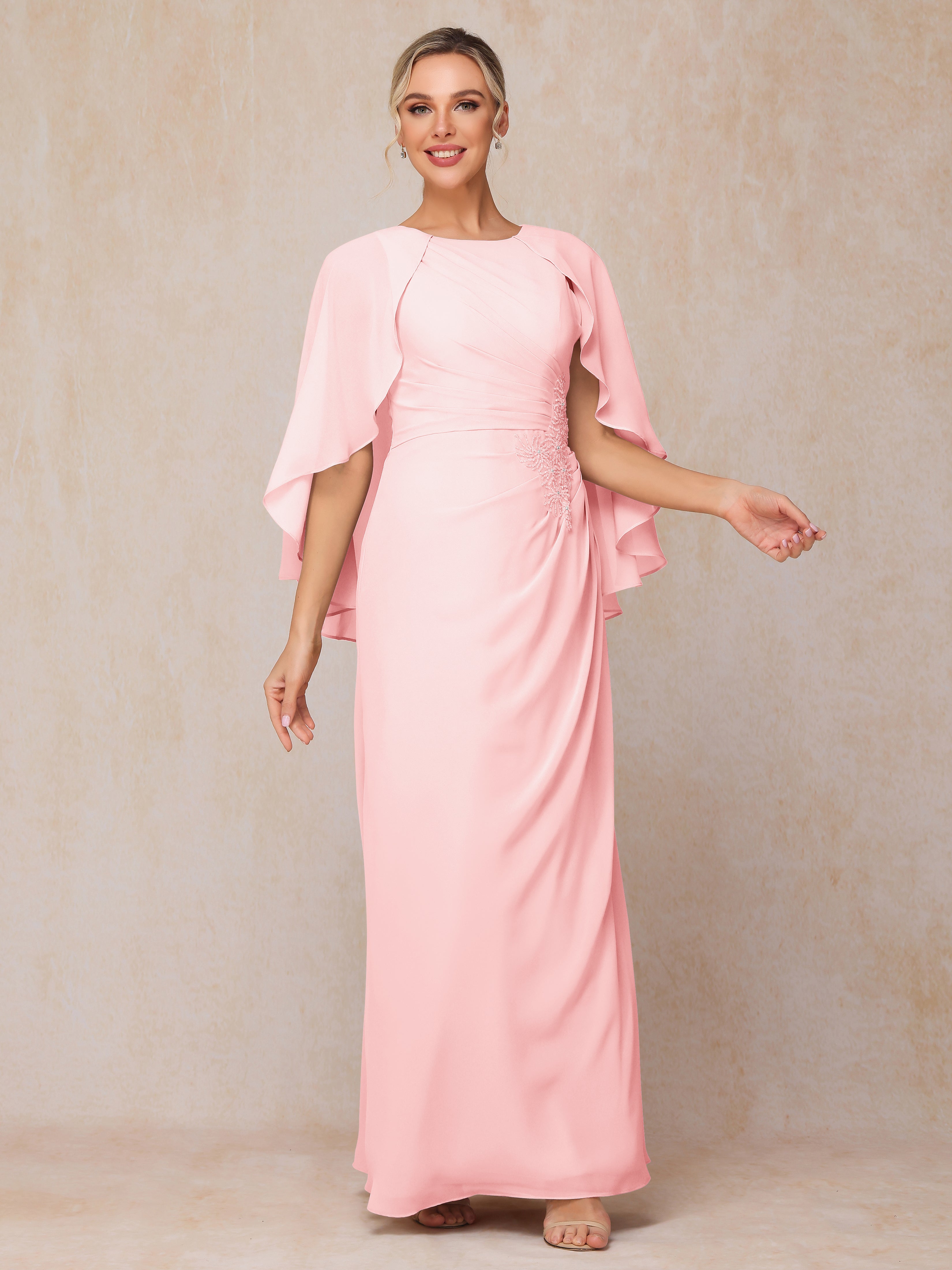 A Line Floor Length Chiffon Mother Of The Groom Dress With Cape