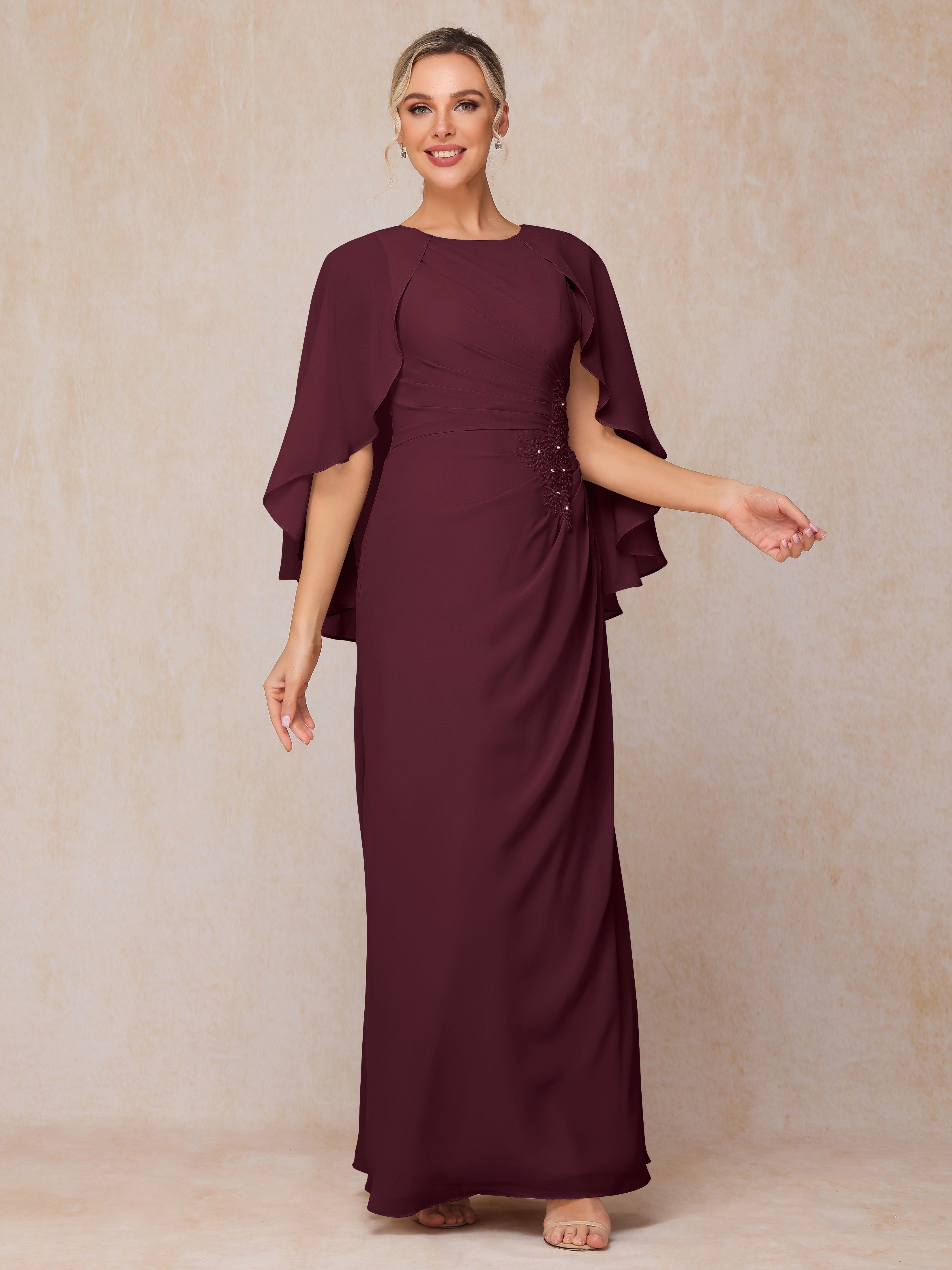 A Line Floor Length Chiffon Mother Of The Groom Dress With Cape