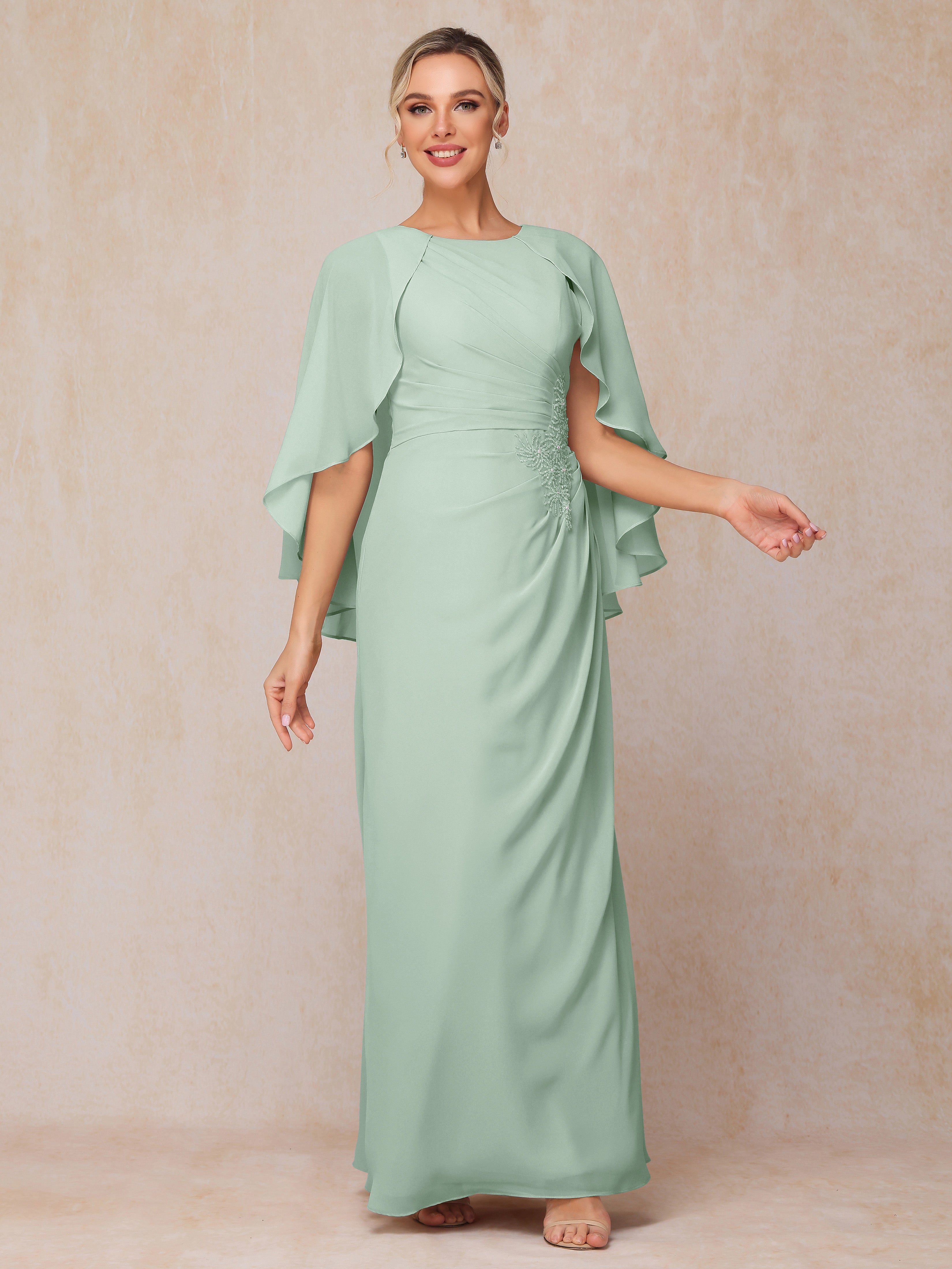 A Line Floor Length Chiffon Mother Of The Groom Dress With Cape