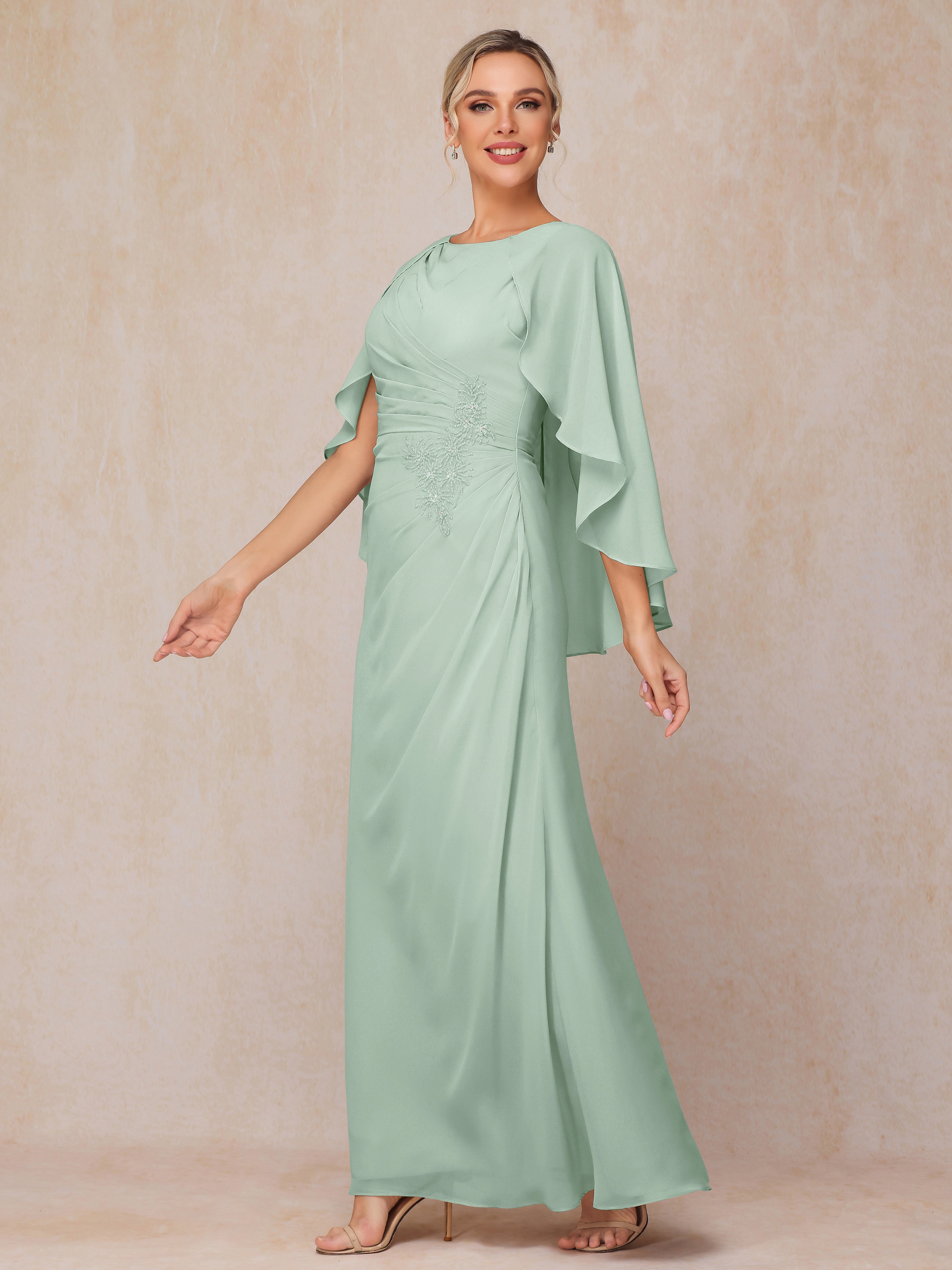 A Line Floor Length Chiffon Mother Of The Groom Dress With Cape