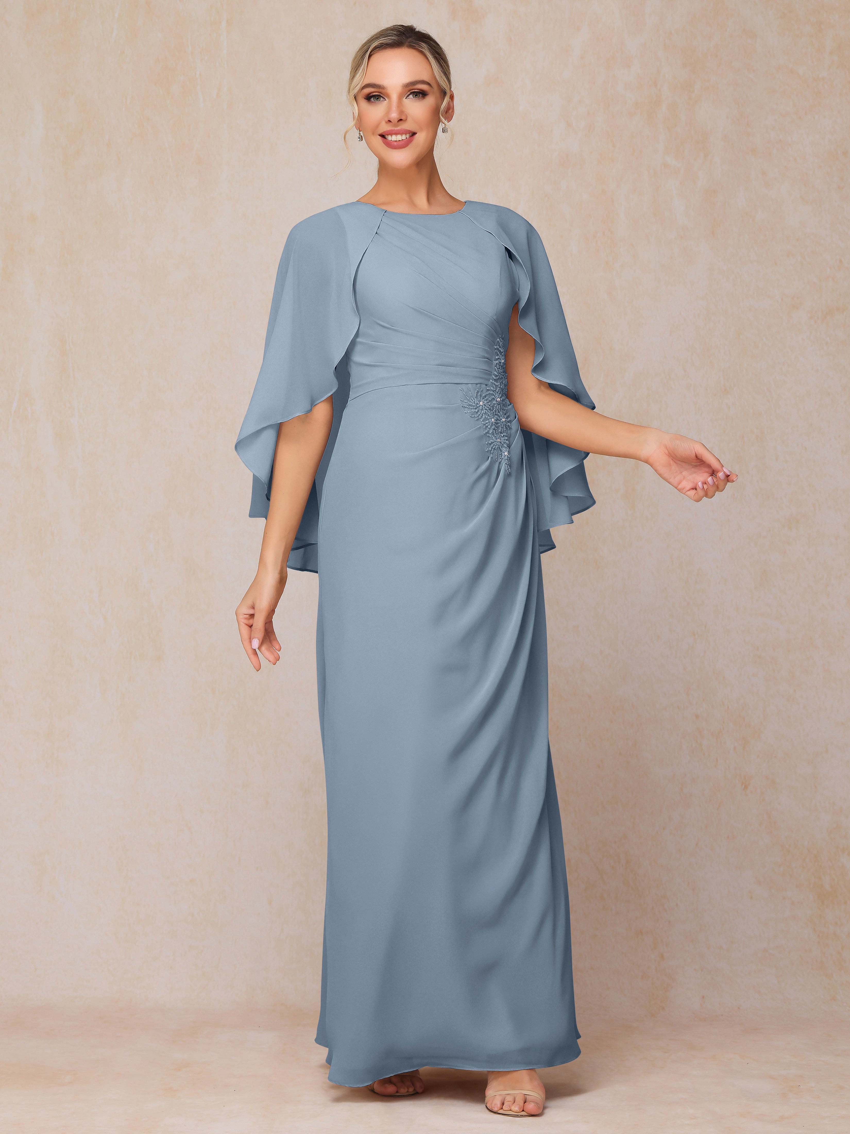A Line Floor Length Chiffon Mother Of The Groom Dress With Cape