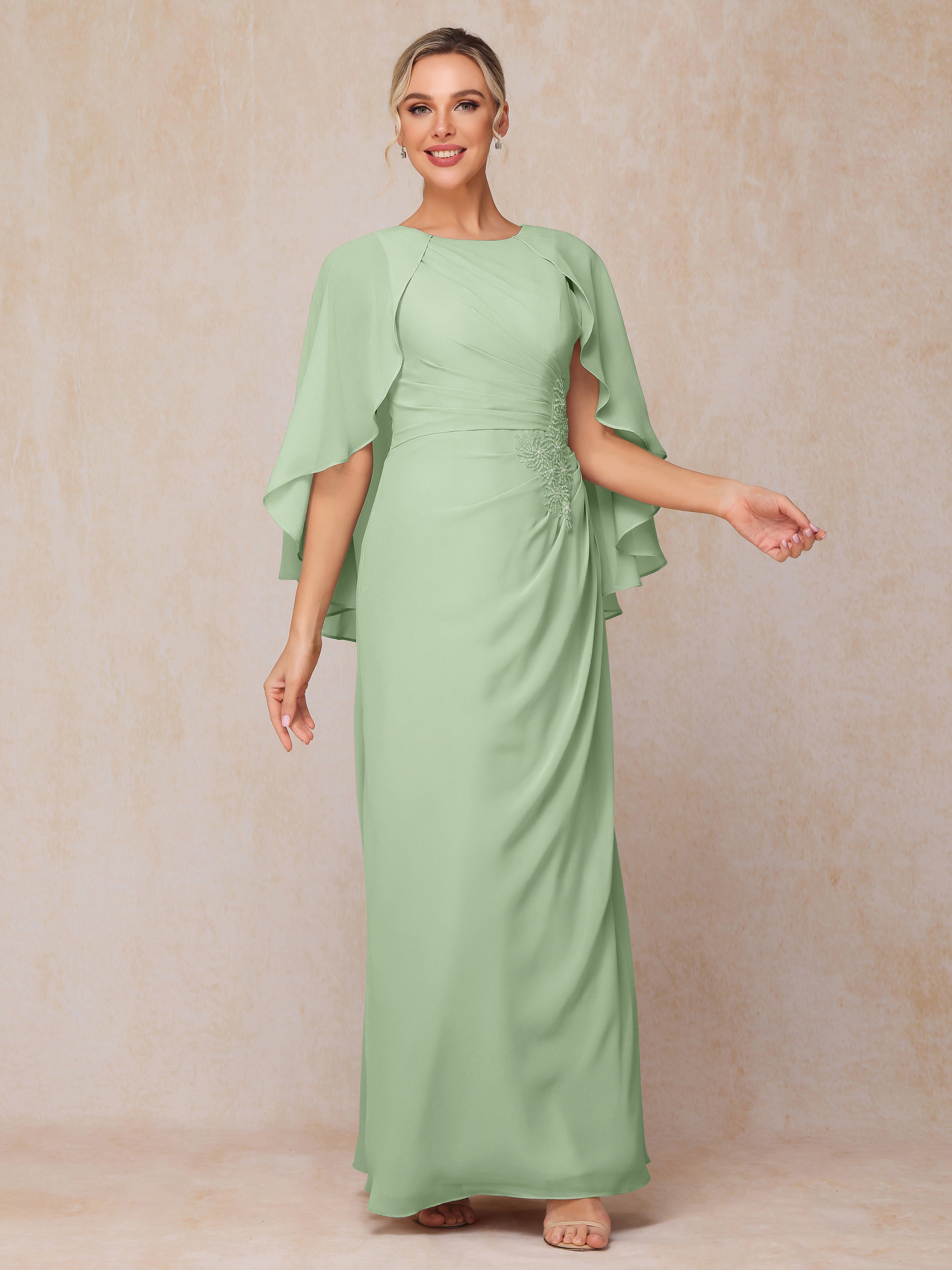 A Line Floor Length Chiffon Mother Of The Groom Dress With Cape