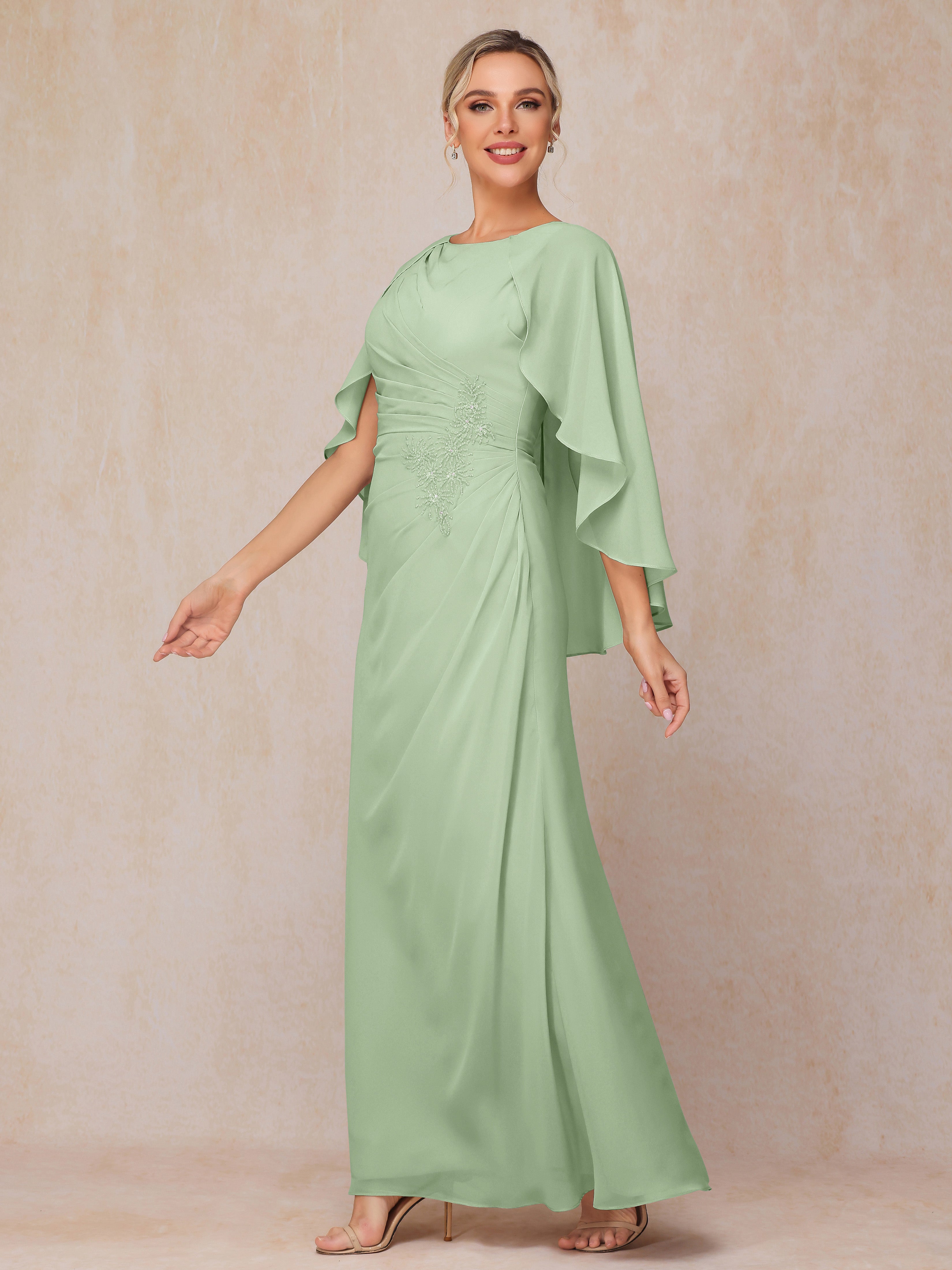 A Line Floor Length Chiffon Mother Of The Bride Dress With Cape