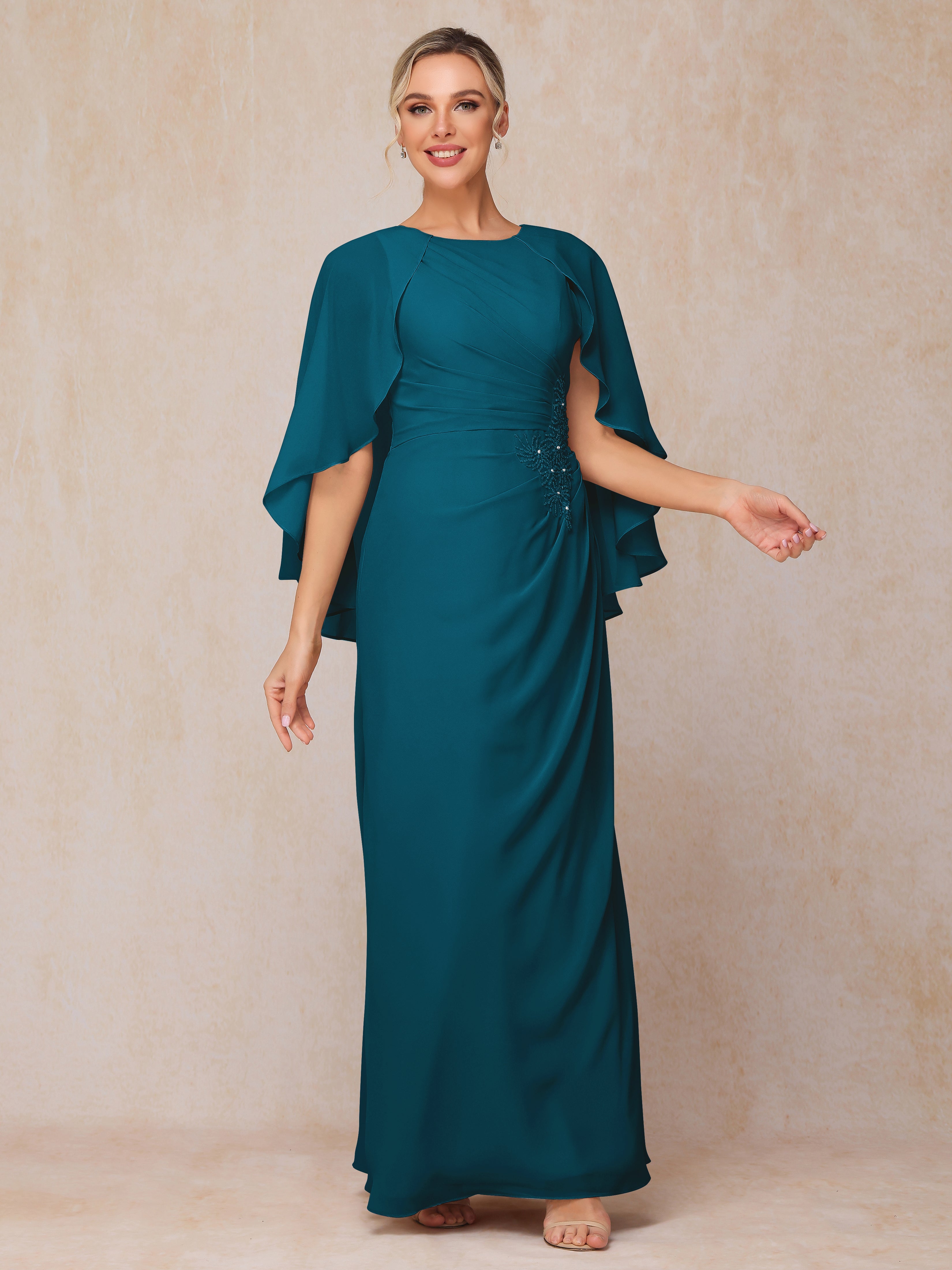 A Line Floor Length Chiffon Mother Of The Groom Dress With Cape