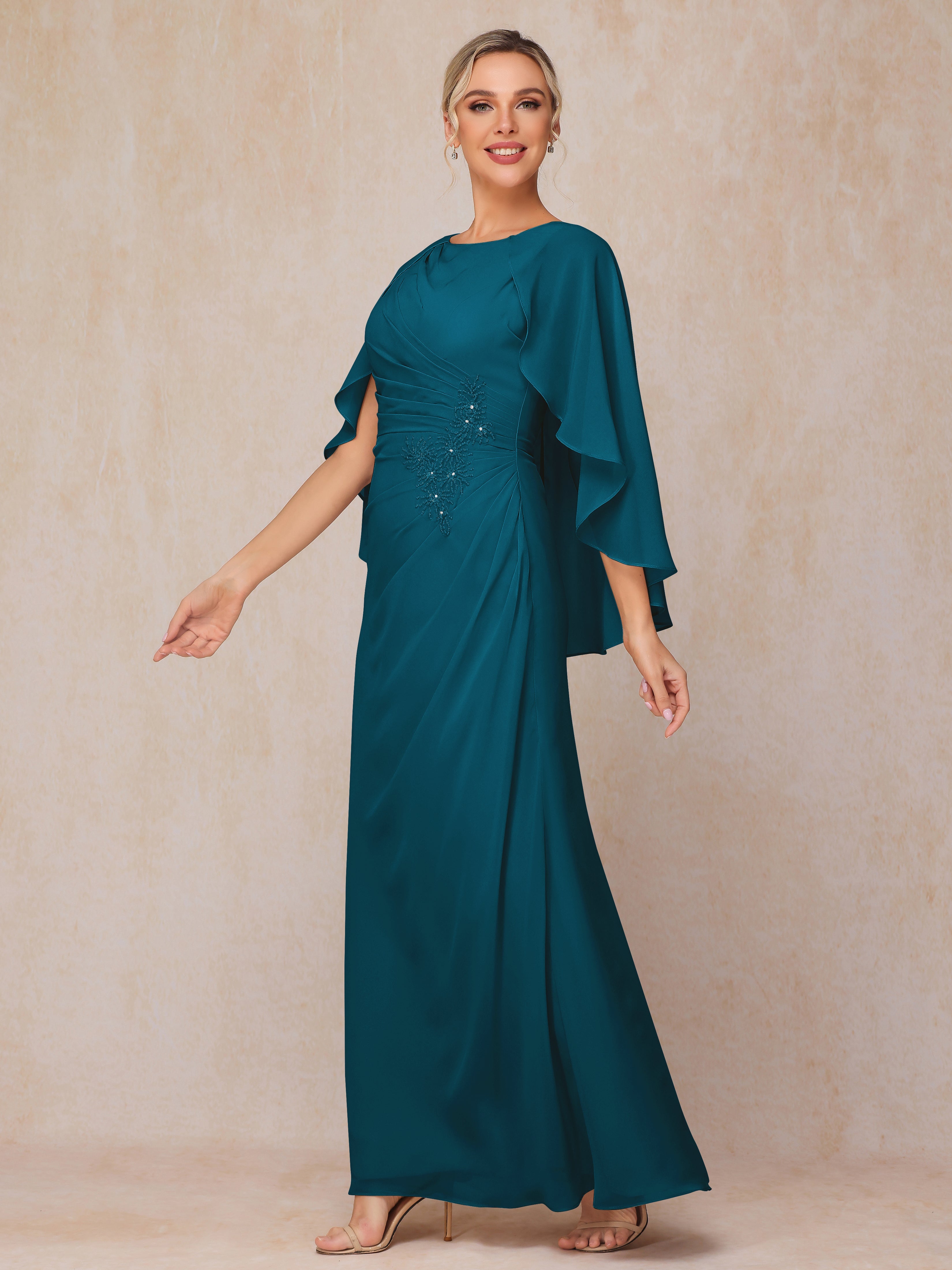 A Line Floor Length Chiffon Mother Of The Groom Dress With Cape