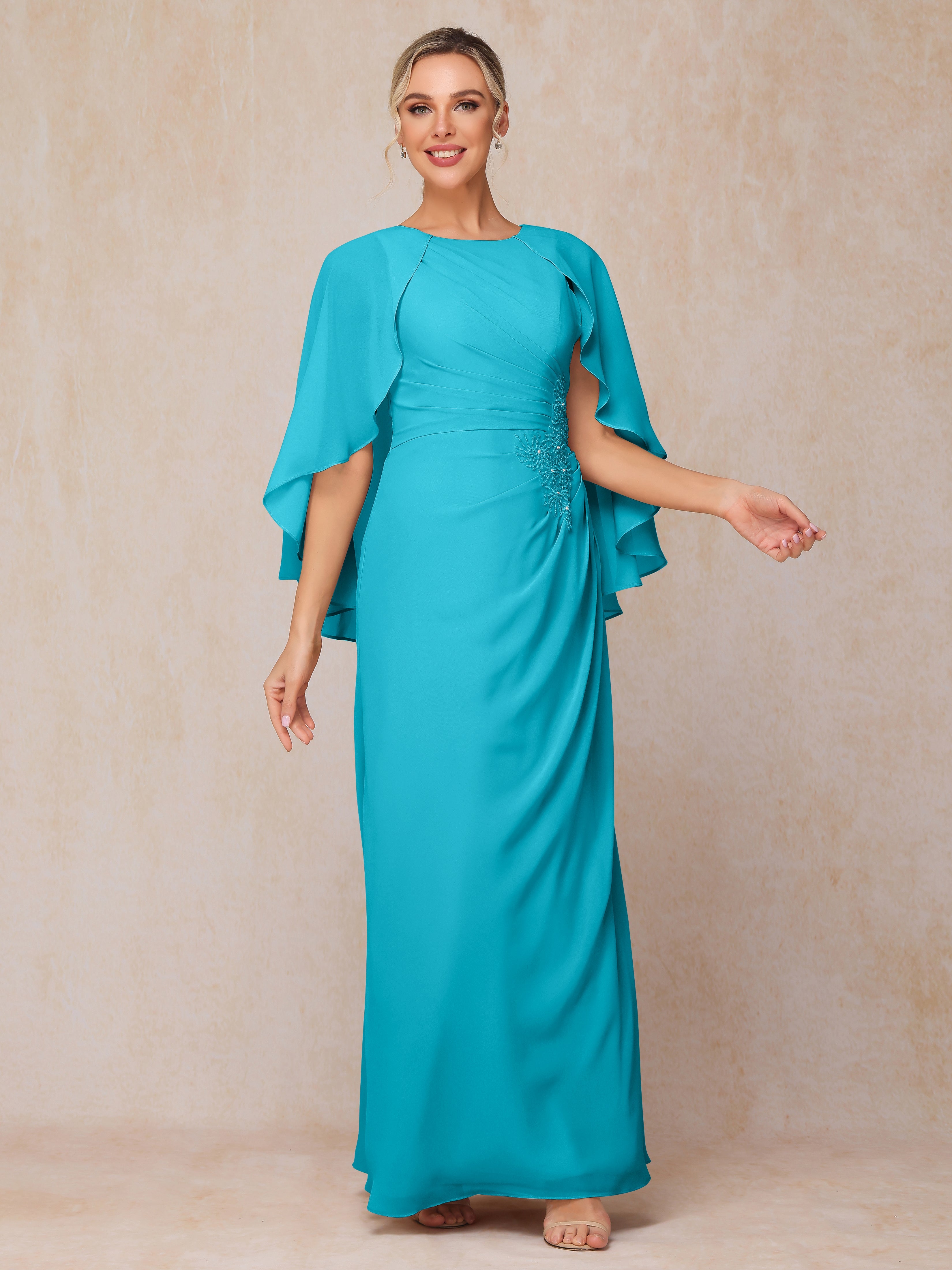 A Line Floor Length Chiffon Mother Of The Groom Dress With Cape