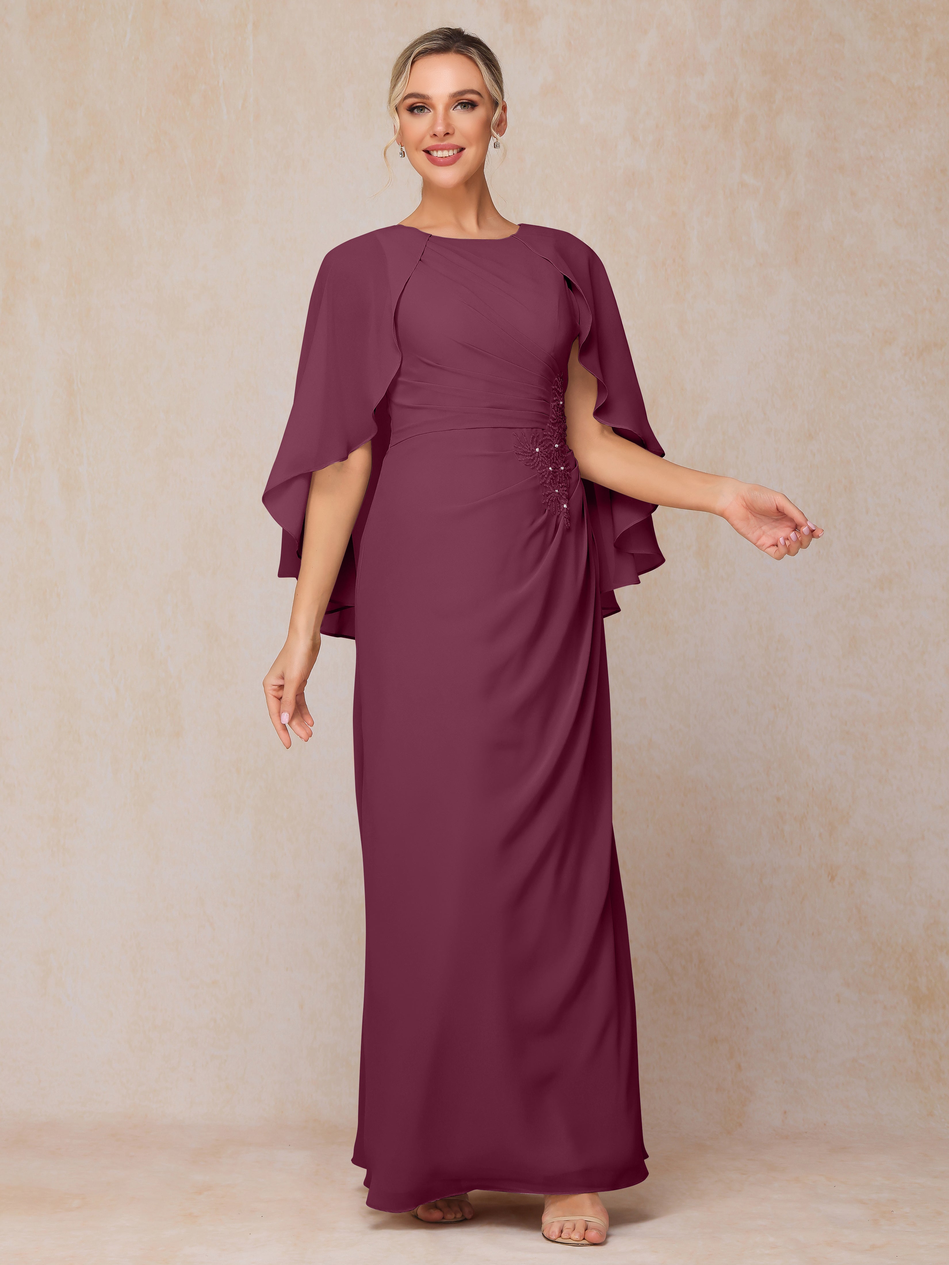 A Line Floor Length Chiffon Mother Of The Groom Dress With Cape
