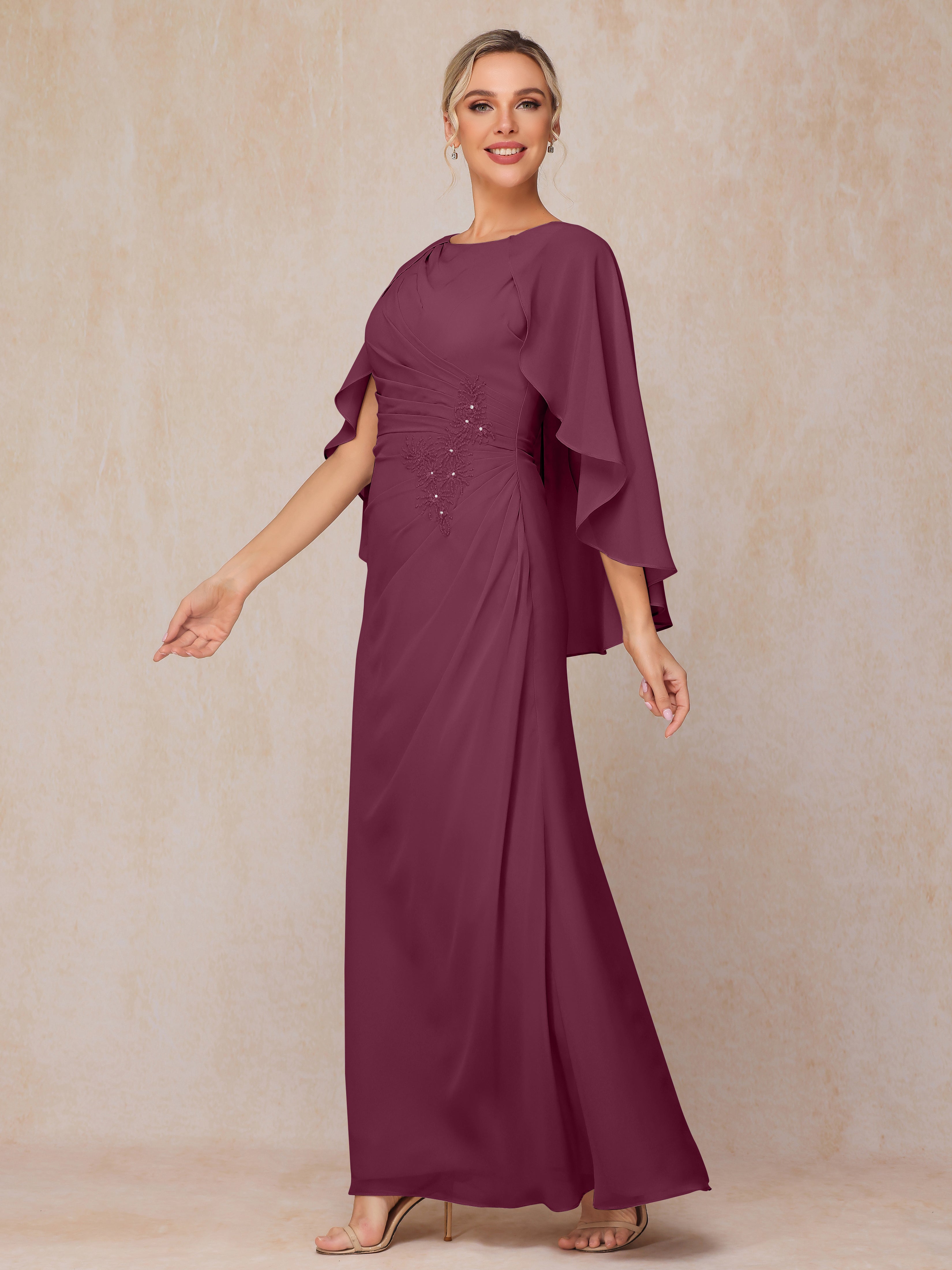 A Line Floor Length Chiffon Mother Of The Groom Dress With Cape