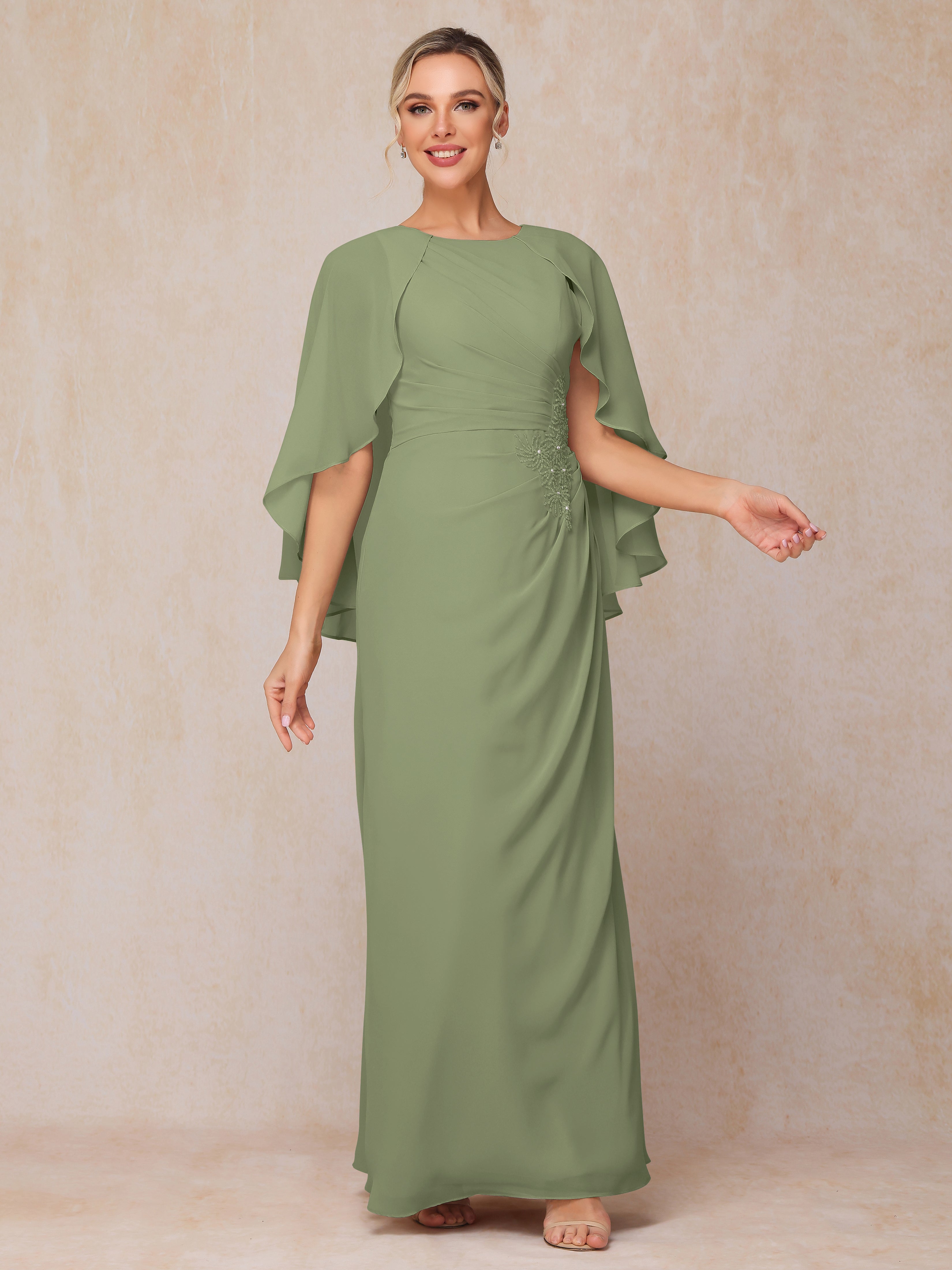 A Line Floor Length Chiffon Mother Of The Groom Dress With Cape