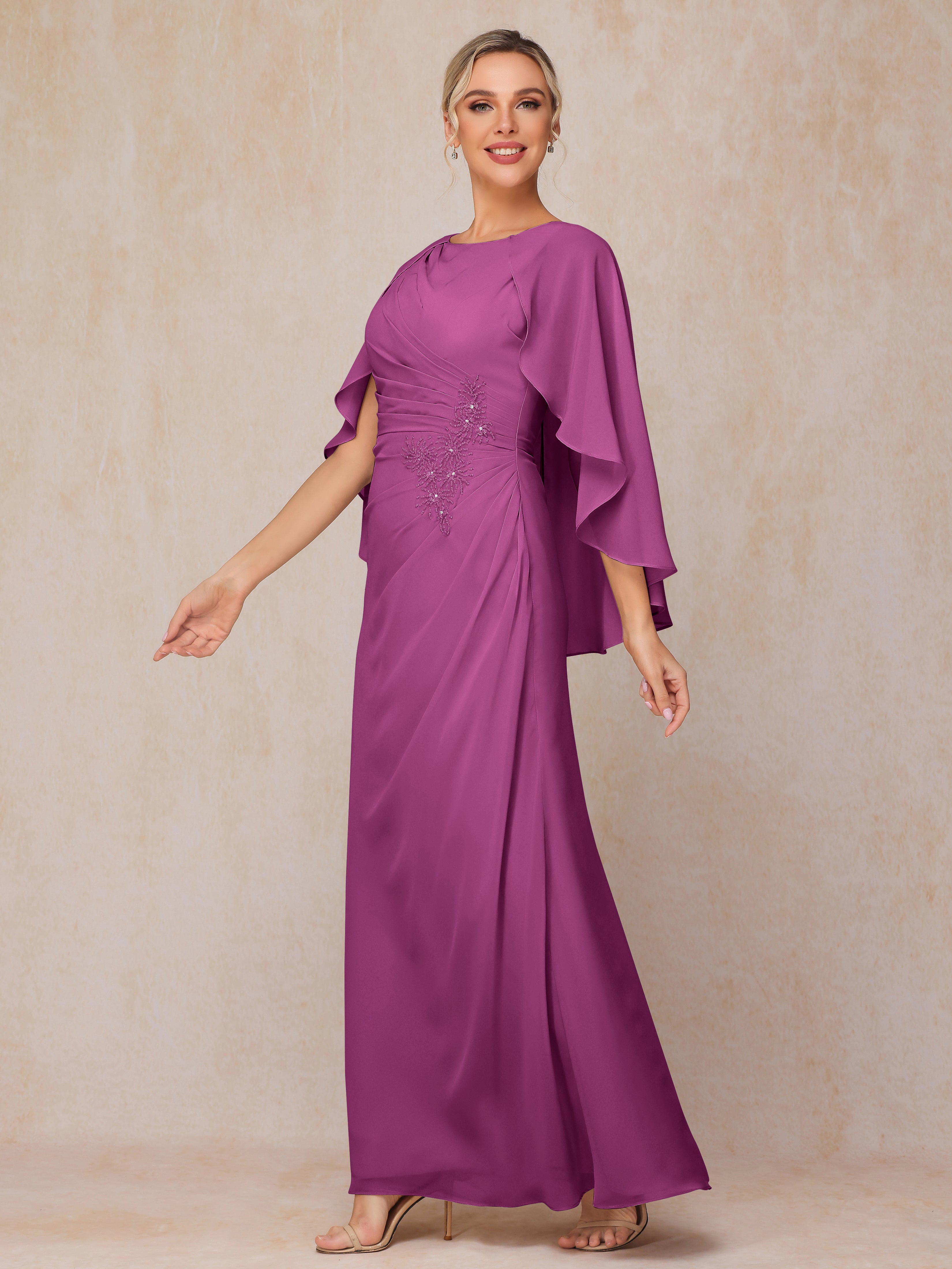 A Line Floor Length Chiffon Mother Of The Bride Dress With Cape