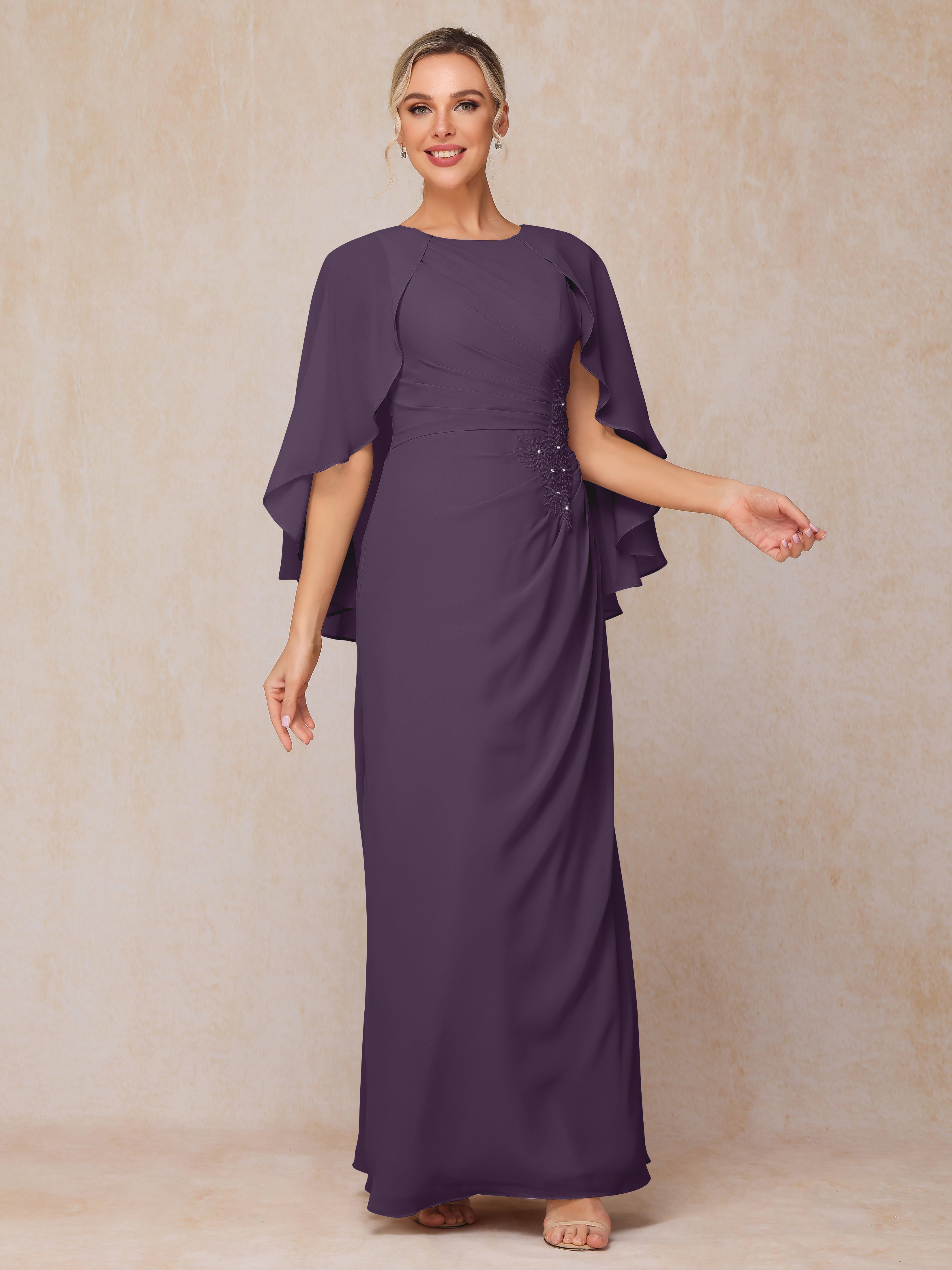 A Line Floor Length Chiffon Mother Of The Groom Dress With Cape