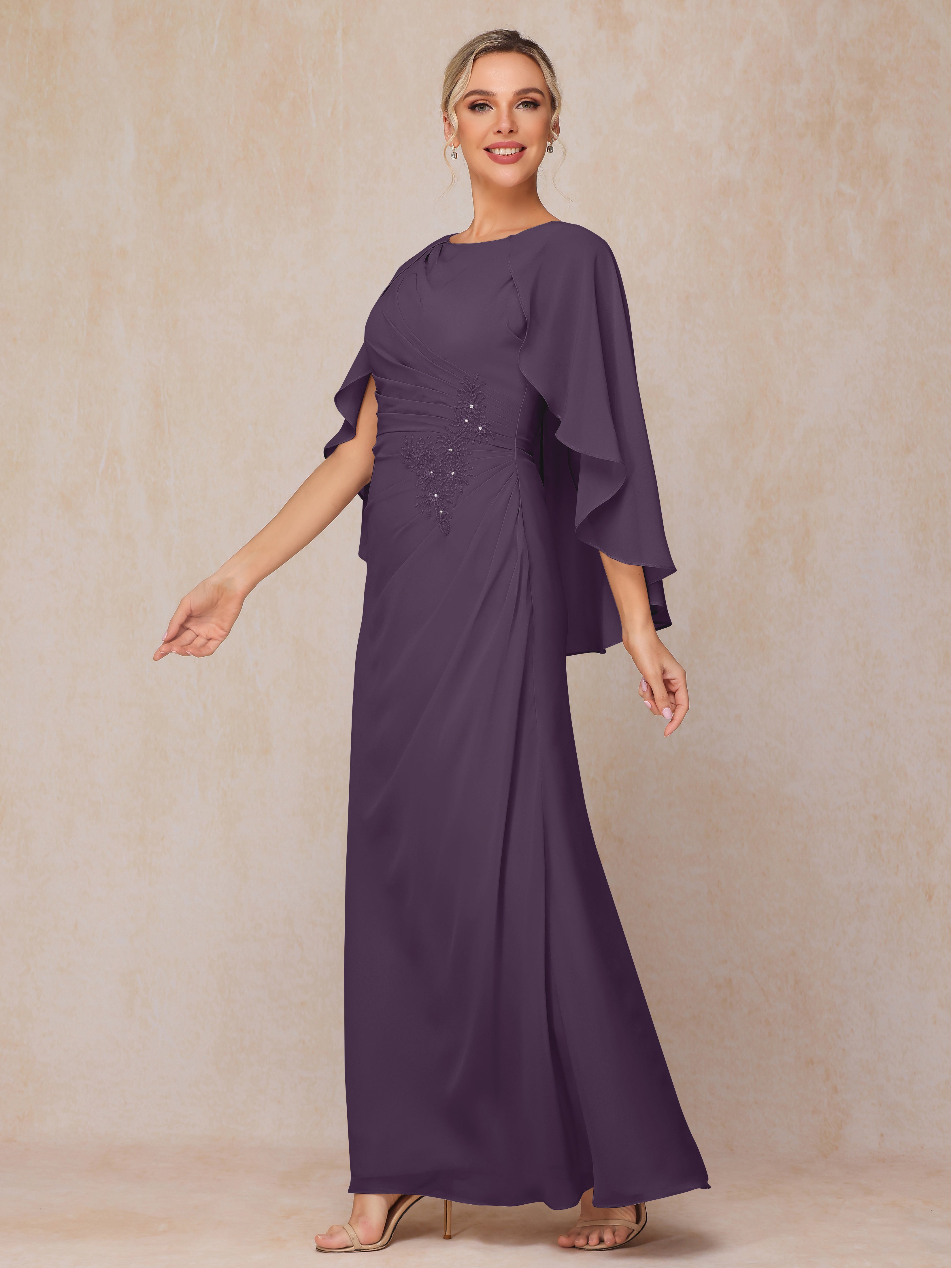 A Line Floor Length Chiffon Mother Of The Groom Dress With Cape