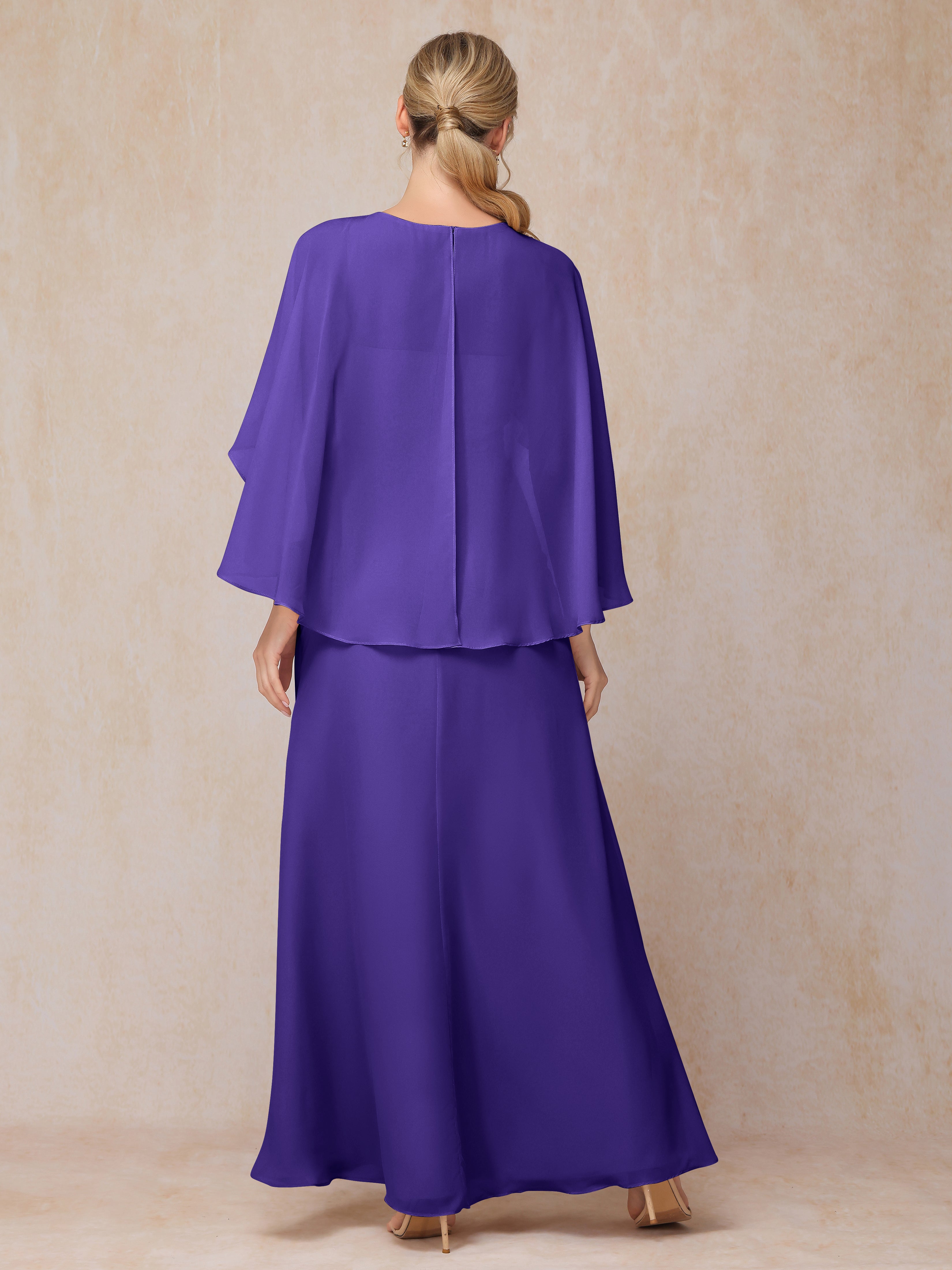 A Line Floor Length Chiffon Mother Of The Bride Dress With Cape