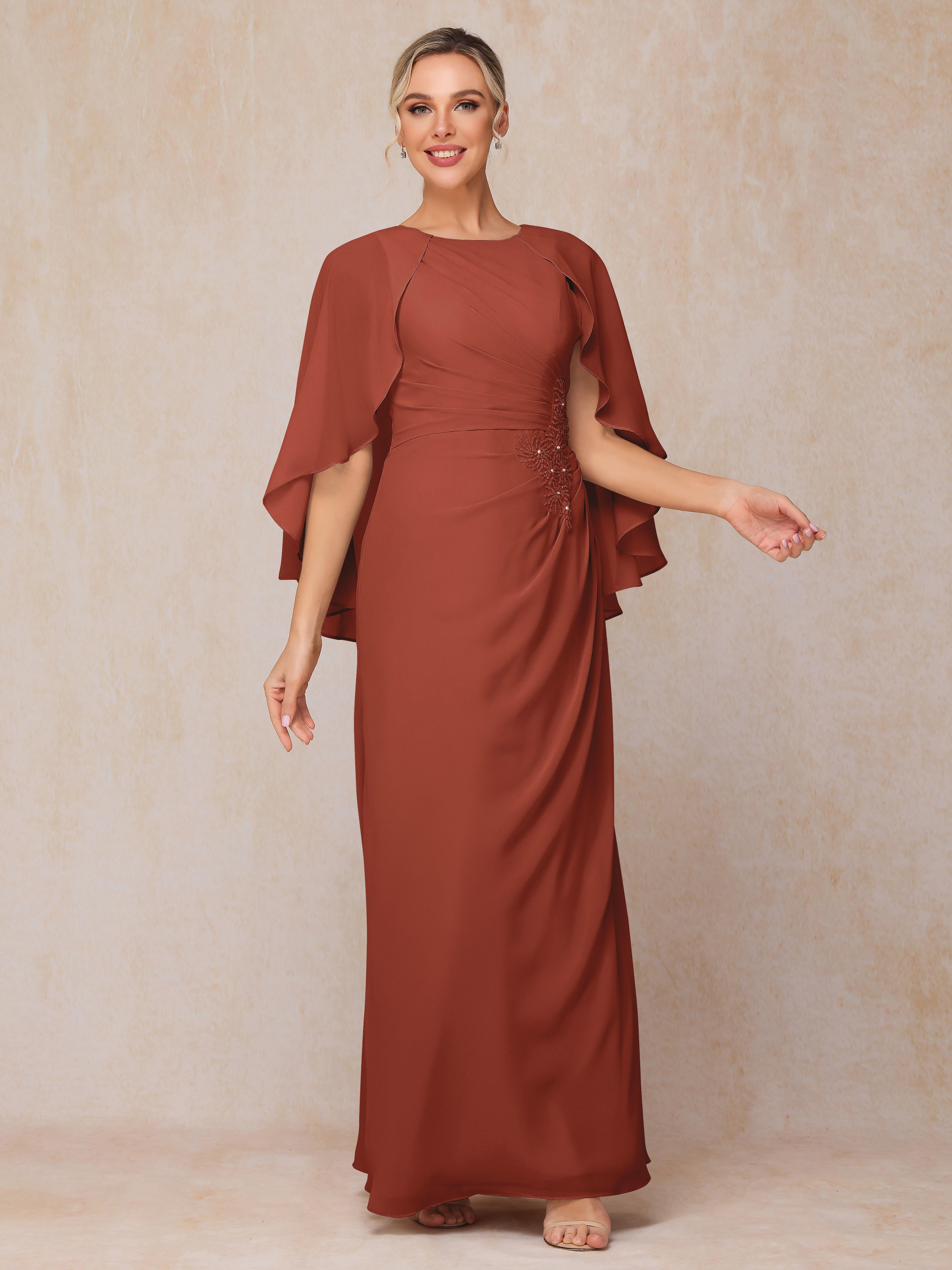 A Line Floor Length Chiffon Mother Of The Groom Dress With Cape