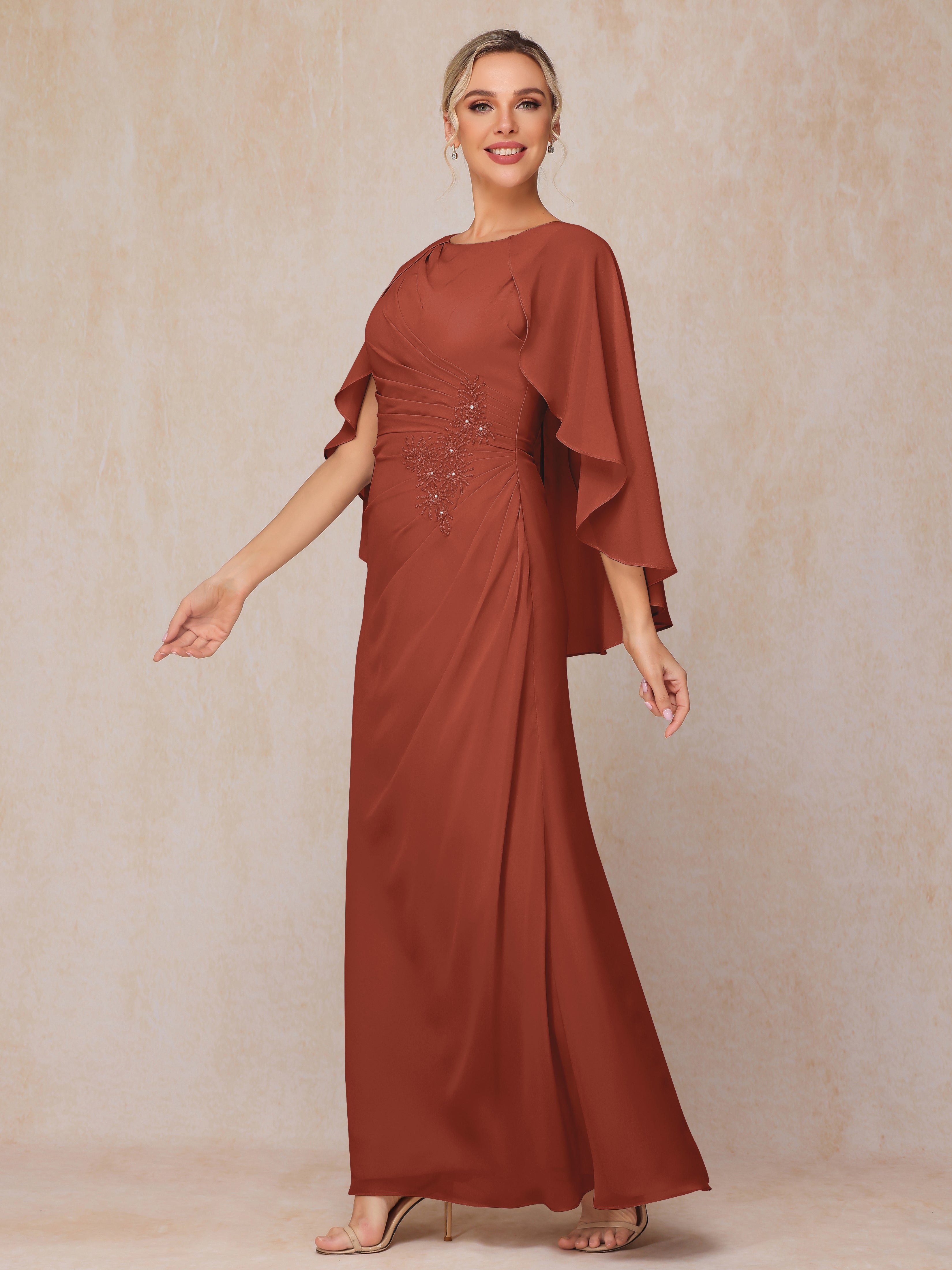 A Line Floor Length Chiffon Mother Of The Bride Dress With Cape