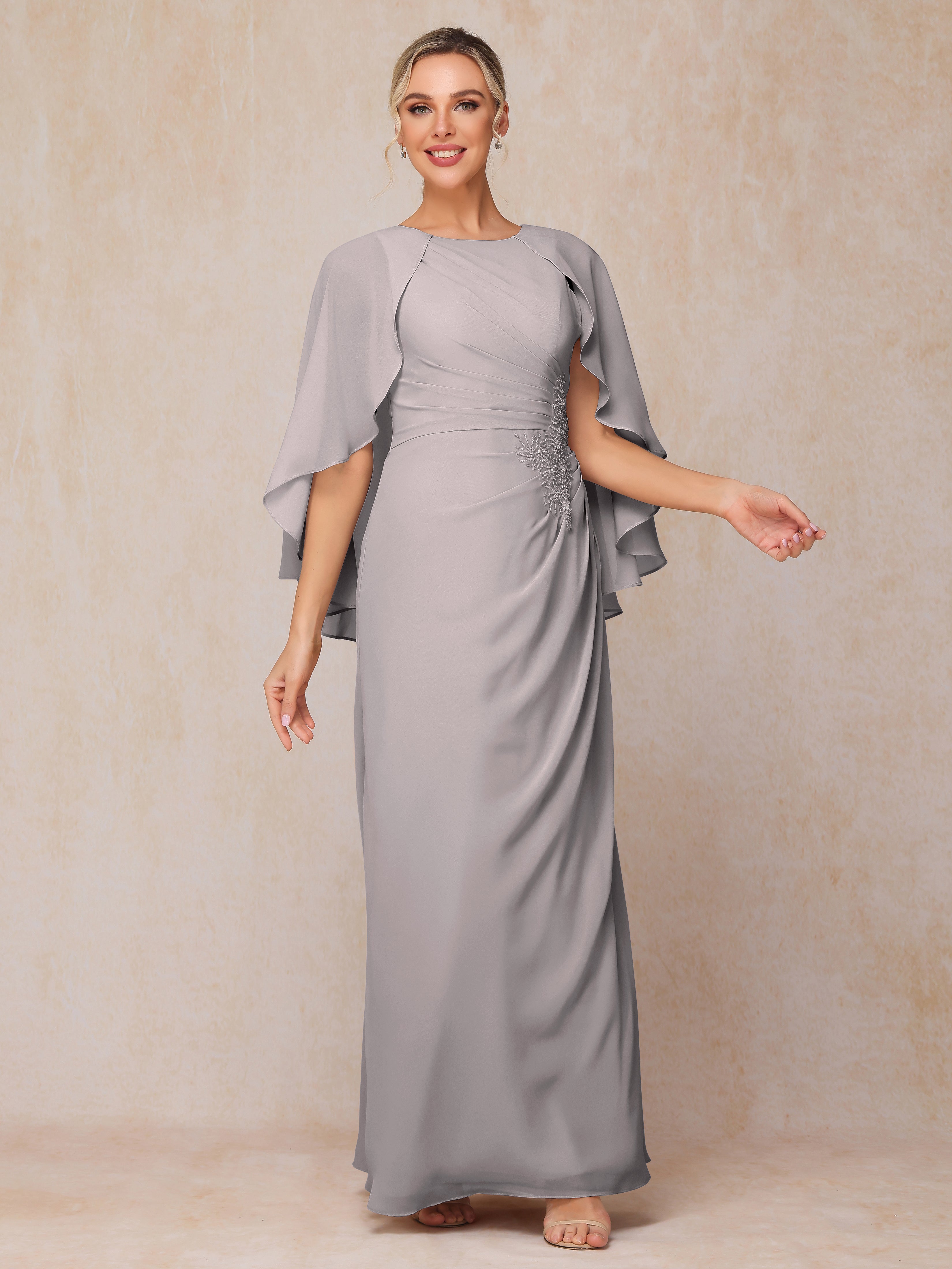 A Line Floor Length Chiffon Mother Of The Groom Dress With Cape