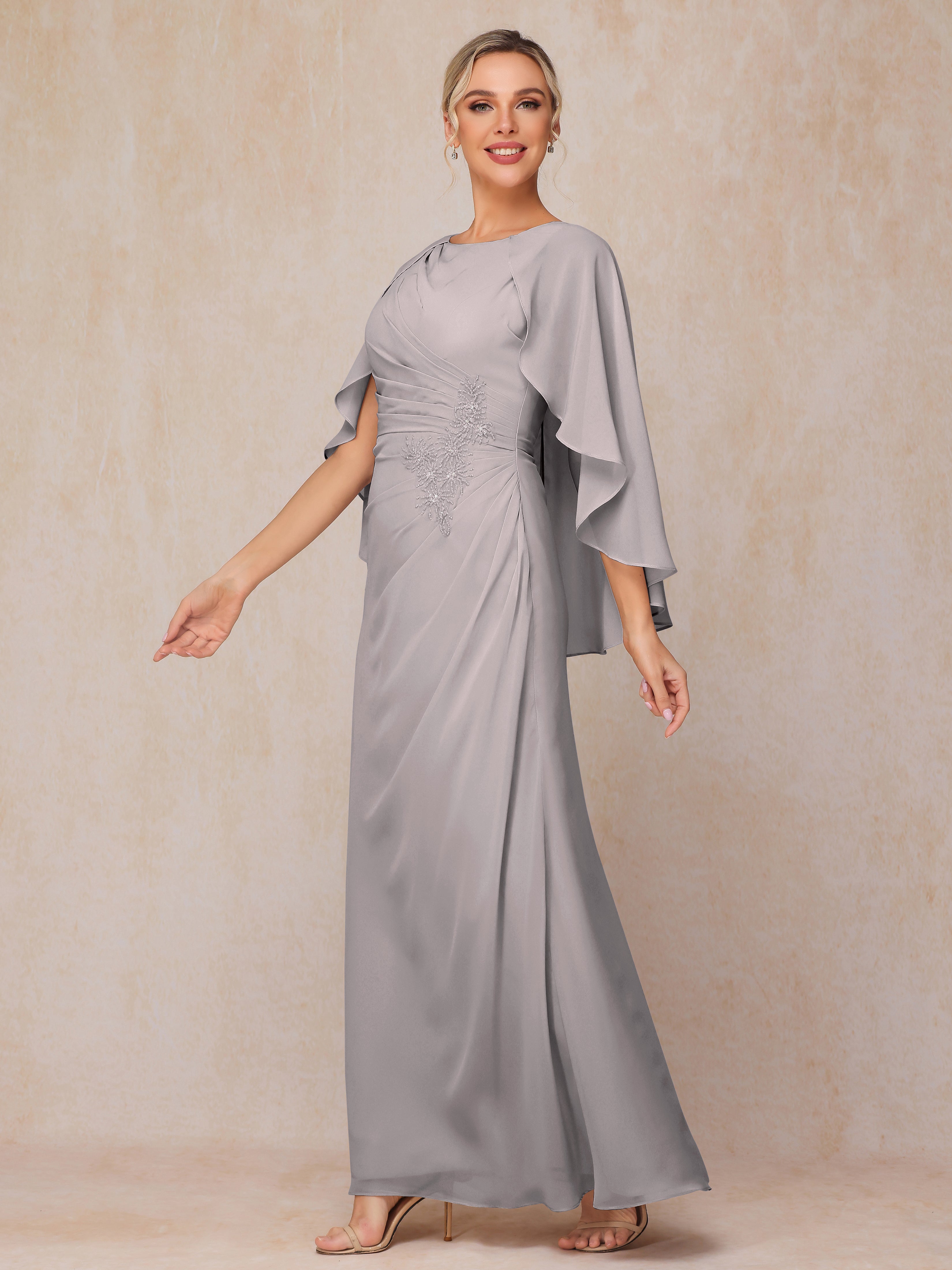 A Line Floor Length Chiffon Mother Of The Bride Dress With Cape