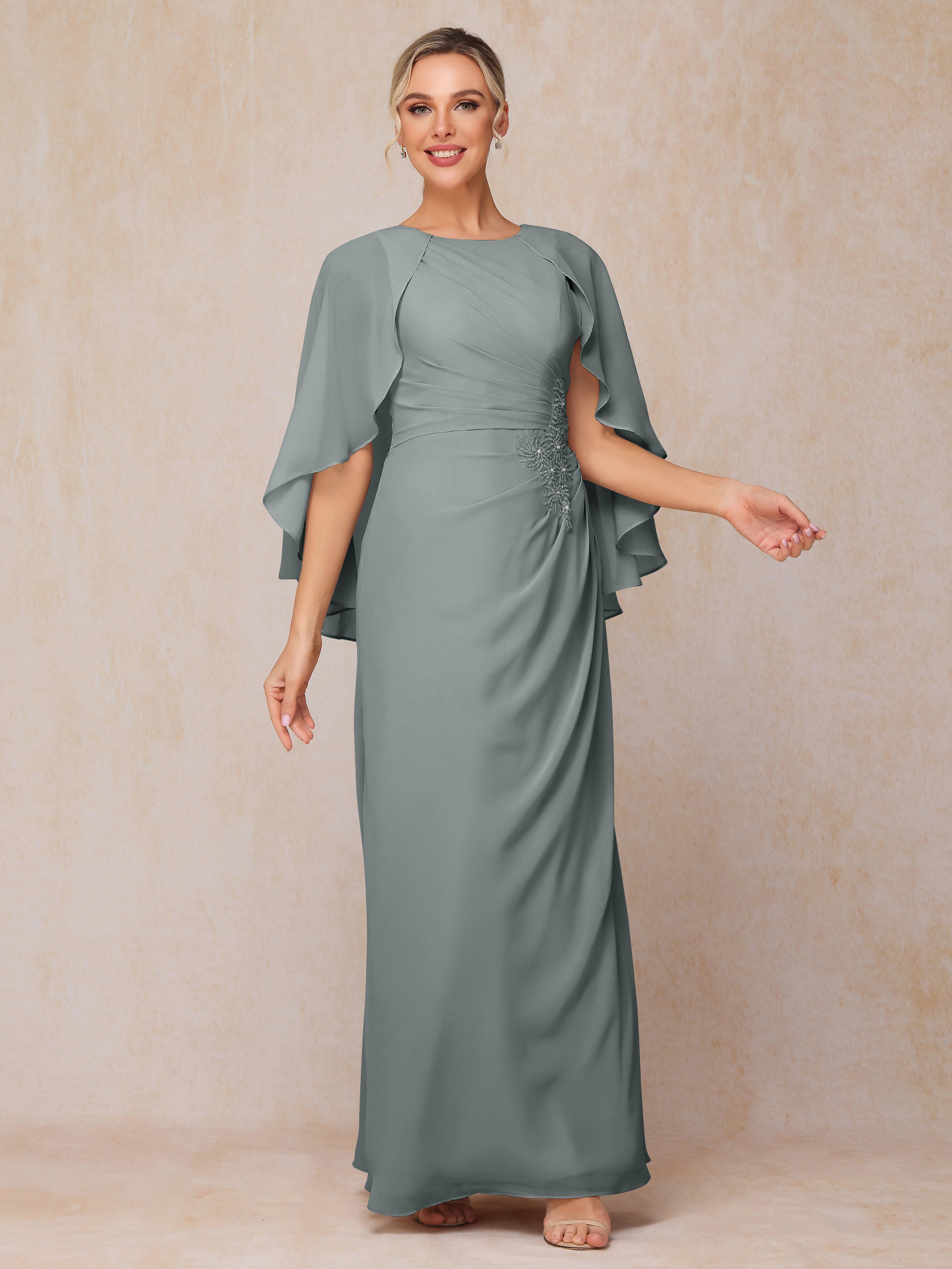 A Line Floor Length Chiffon Mother Of The Groom Dress With Cape