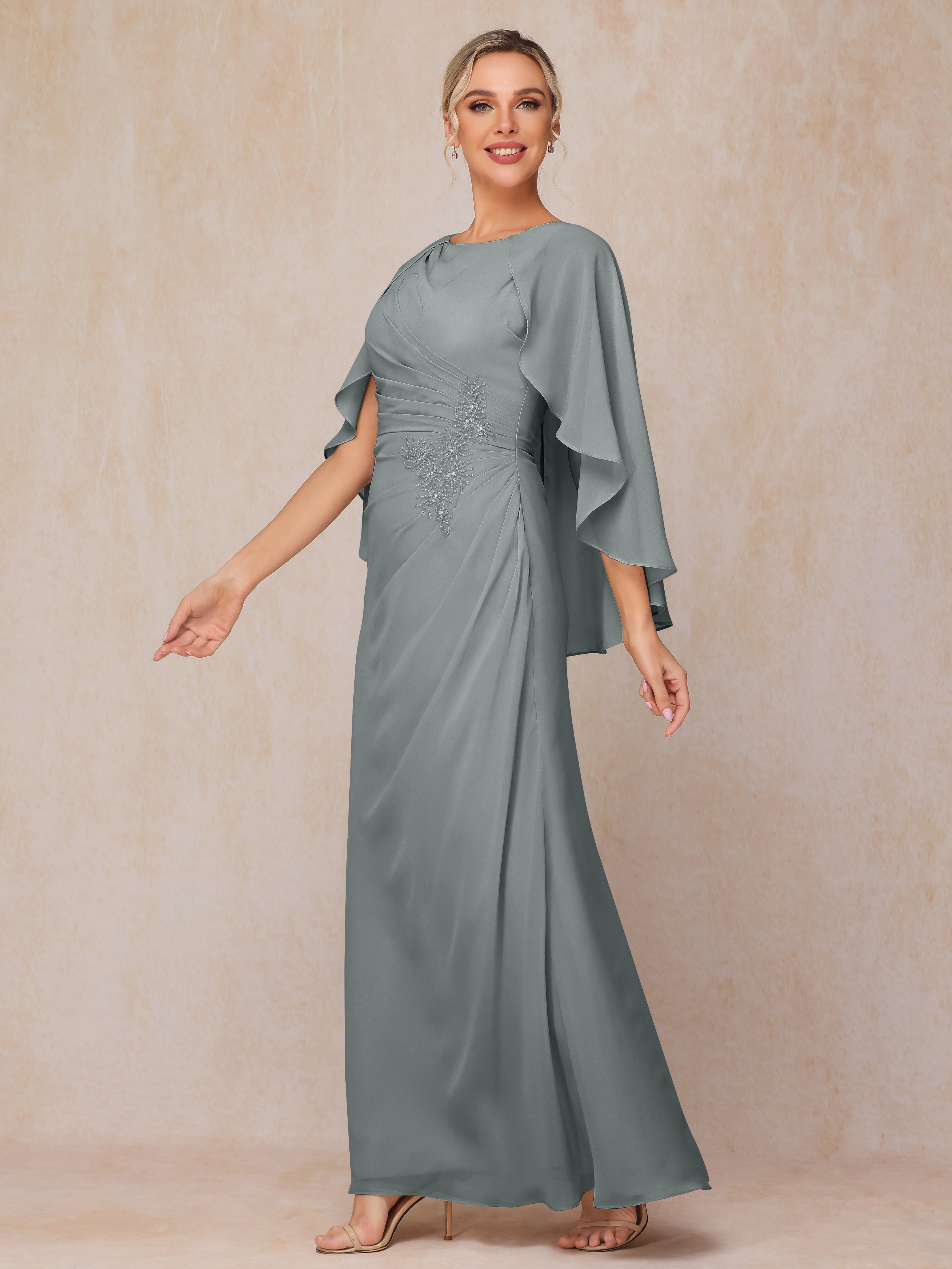 A Line Floor Length Chiffon Mother Of The Groom Dress With Cape