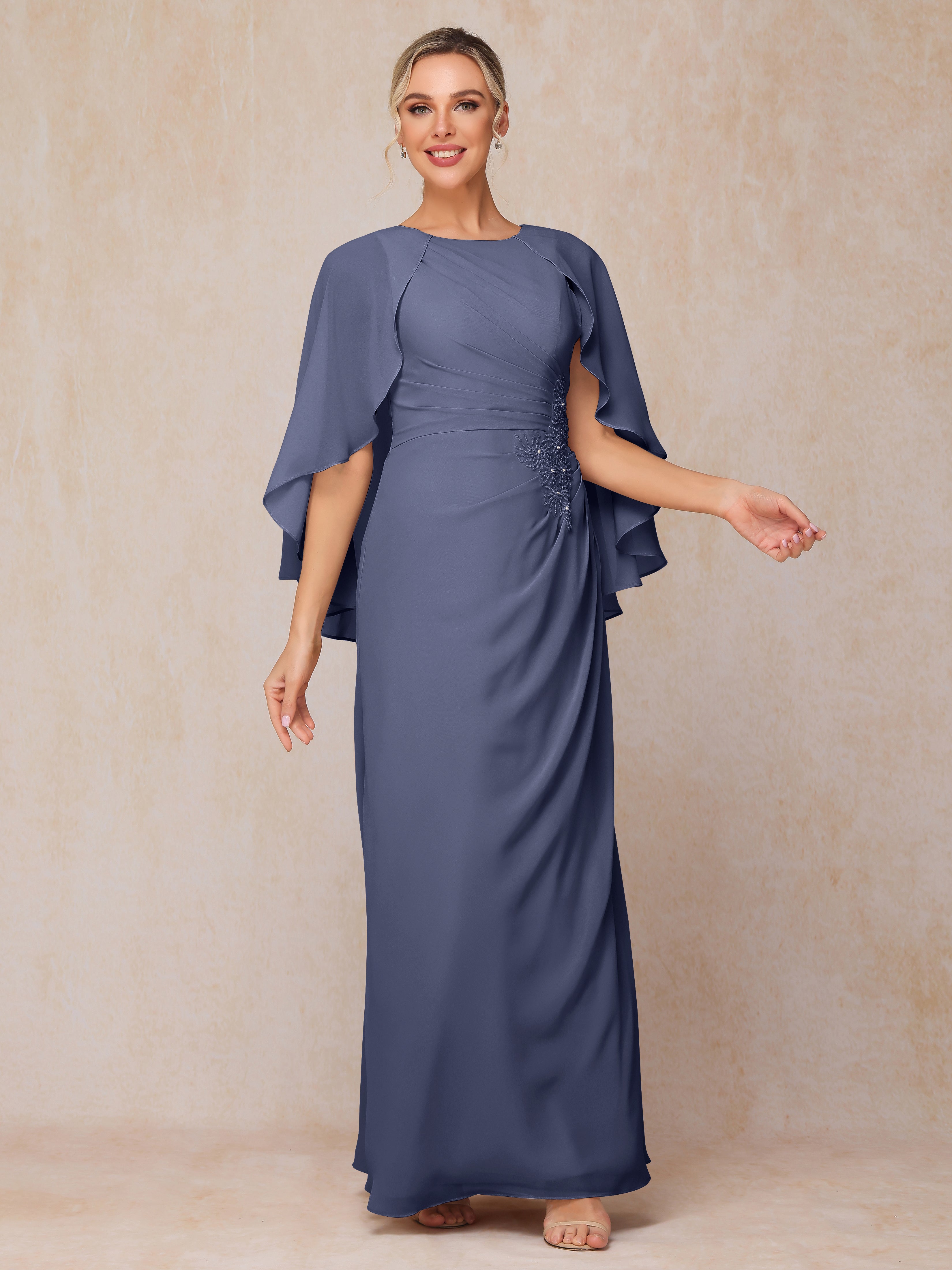 A Line Floor Length Chiffon Mother Of The Bride Dress With Cape