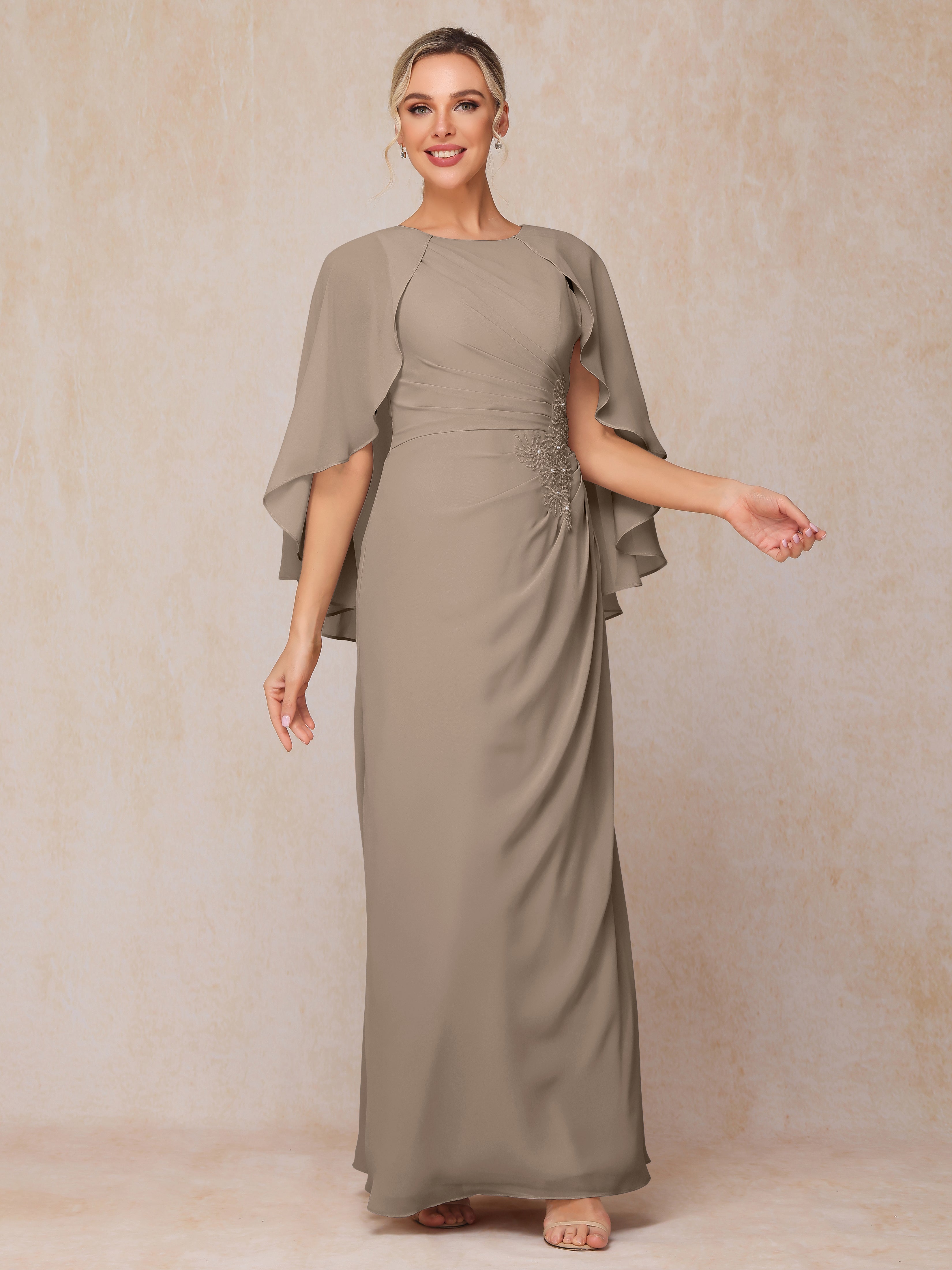 A Line Floor Length Chiffon Mother Of The Bride Dress With Cape