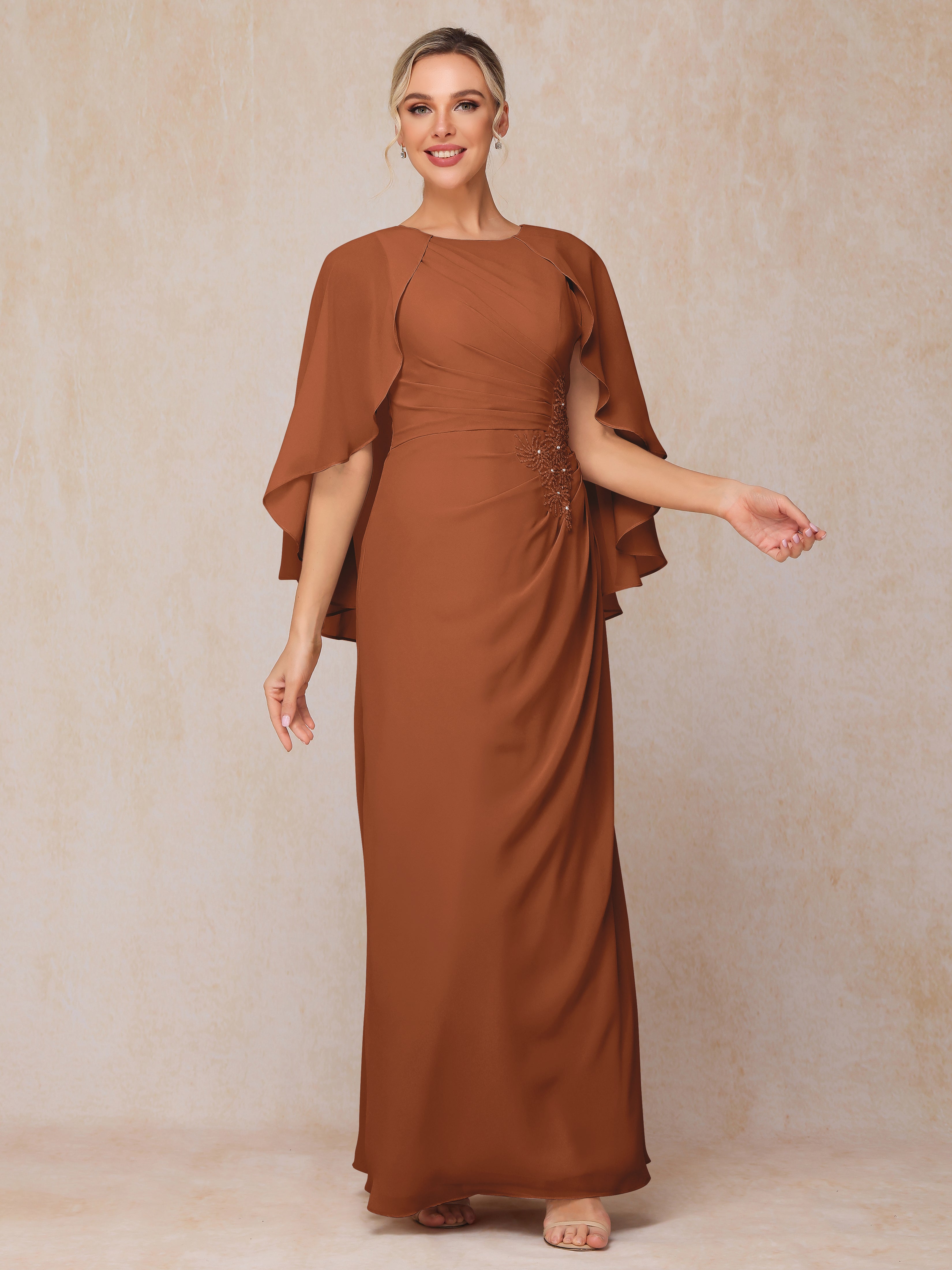 A Line Floor Length Chiffon Mother Of The Groom Dress With Cape