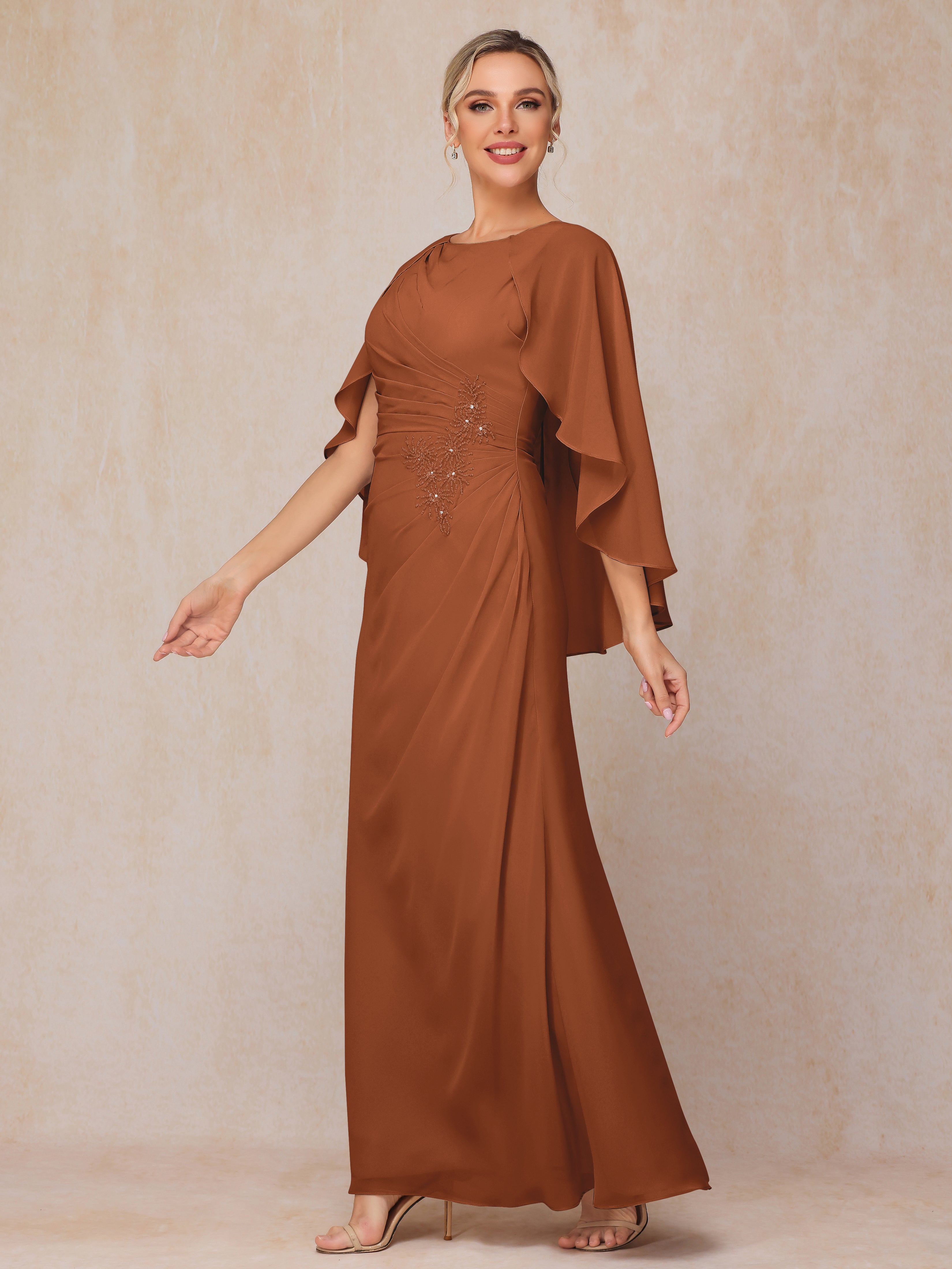 A Line Floor Length Chiffon Mother Of The Groom Dress With Cape