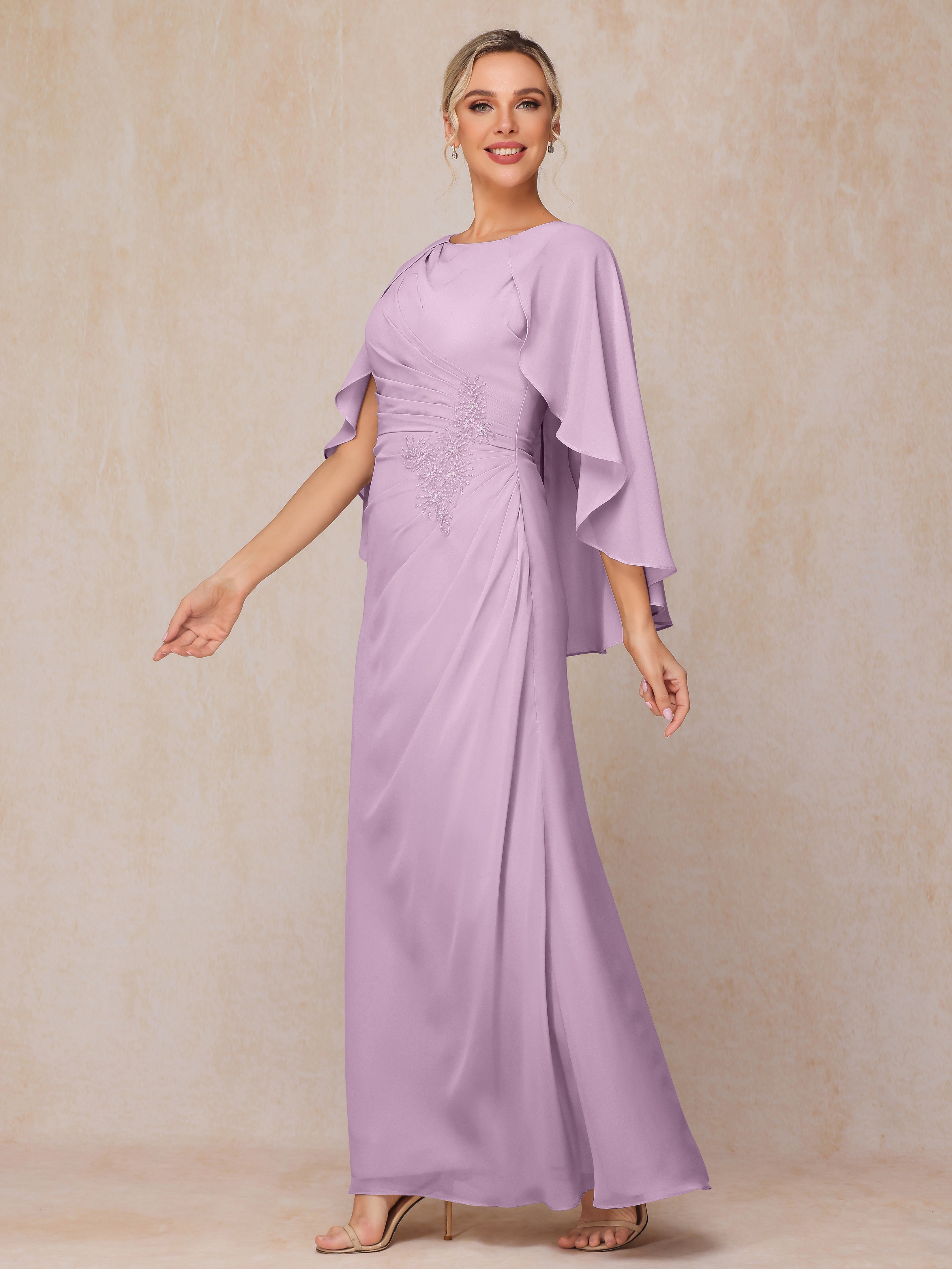 A Line Floor Length Chiffon Mother Of The Groom Dress With Cape