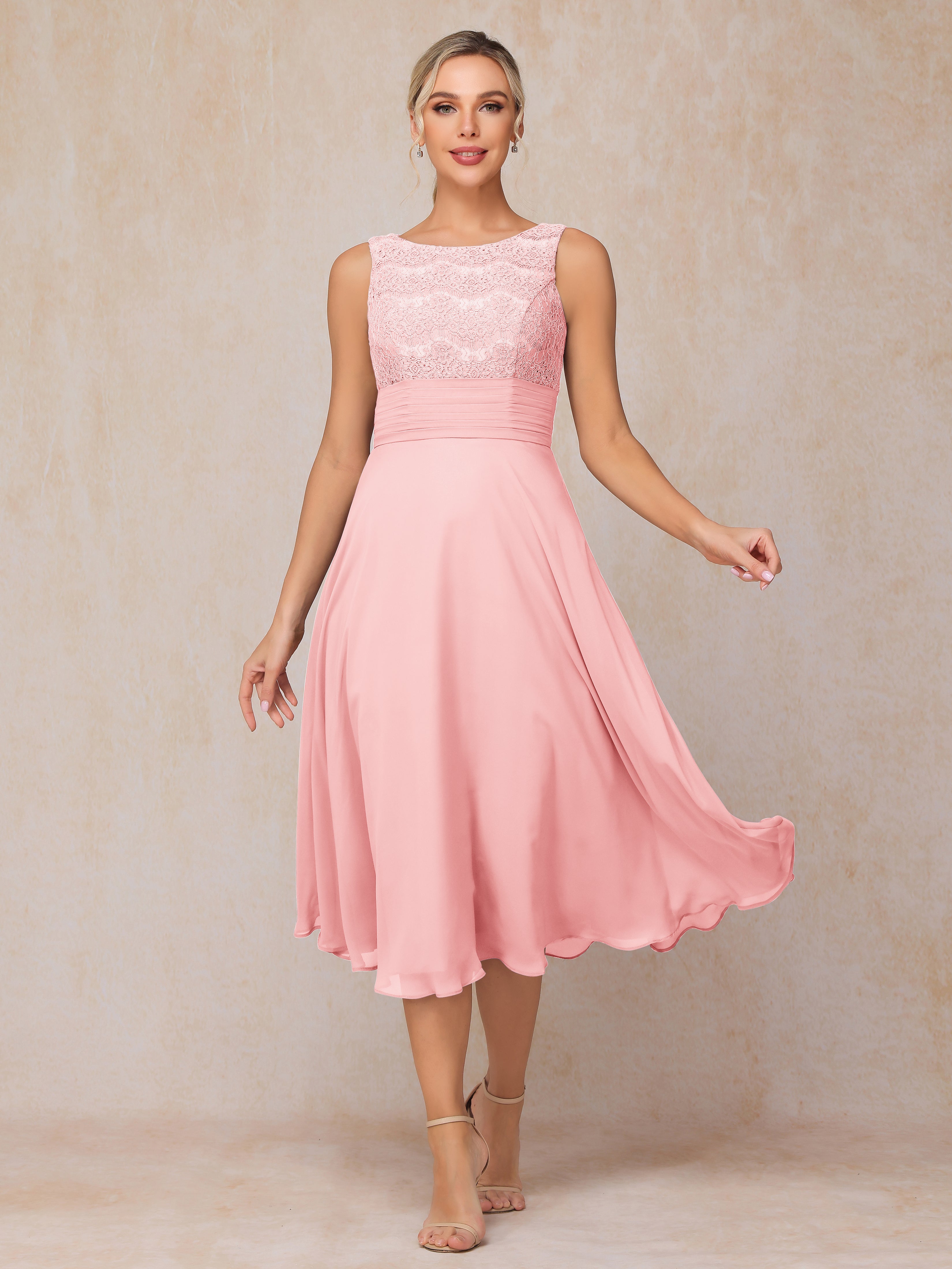 2 Pieces A Line Tea Length Chiffon Lace Mother Of The Bride Dress
