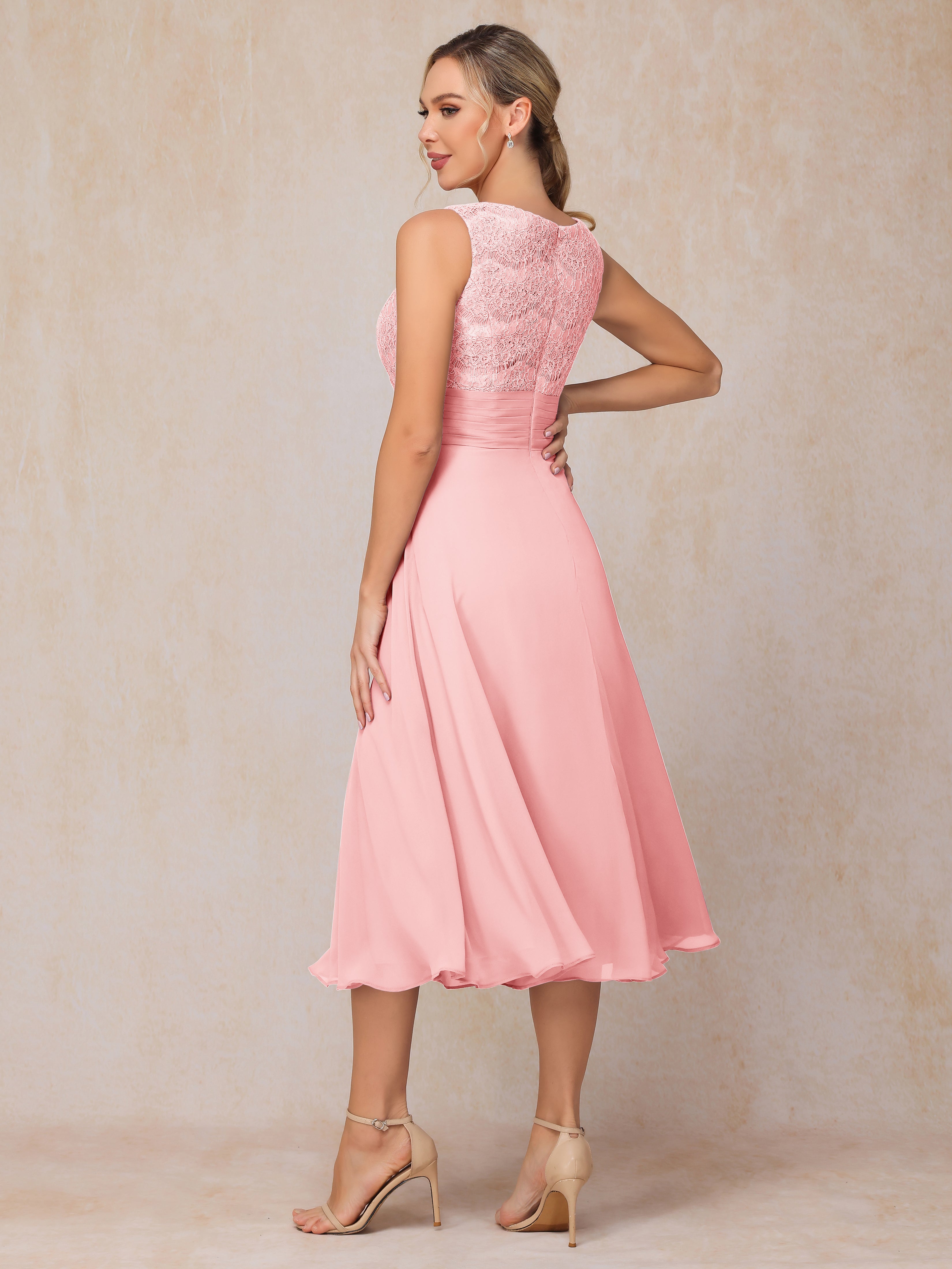 2 Pieces A Line Tea Length Chiffon Lace Mother Of The Bride Dress